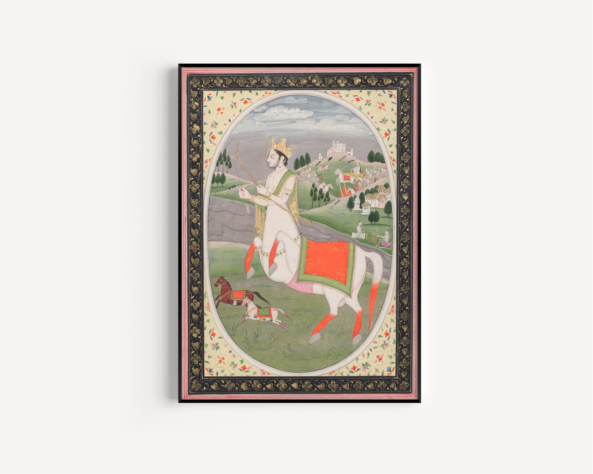 Framed art print of Sagittarius by Pahari school, in a slim black frame on a plain white wall