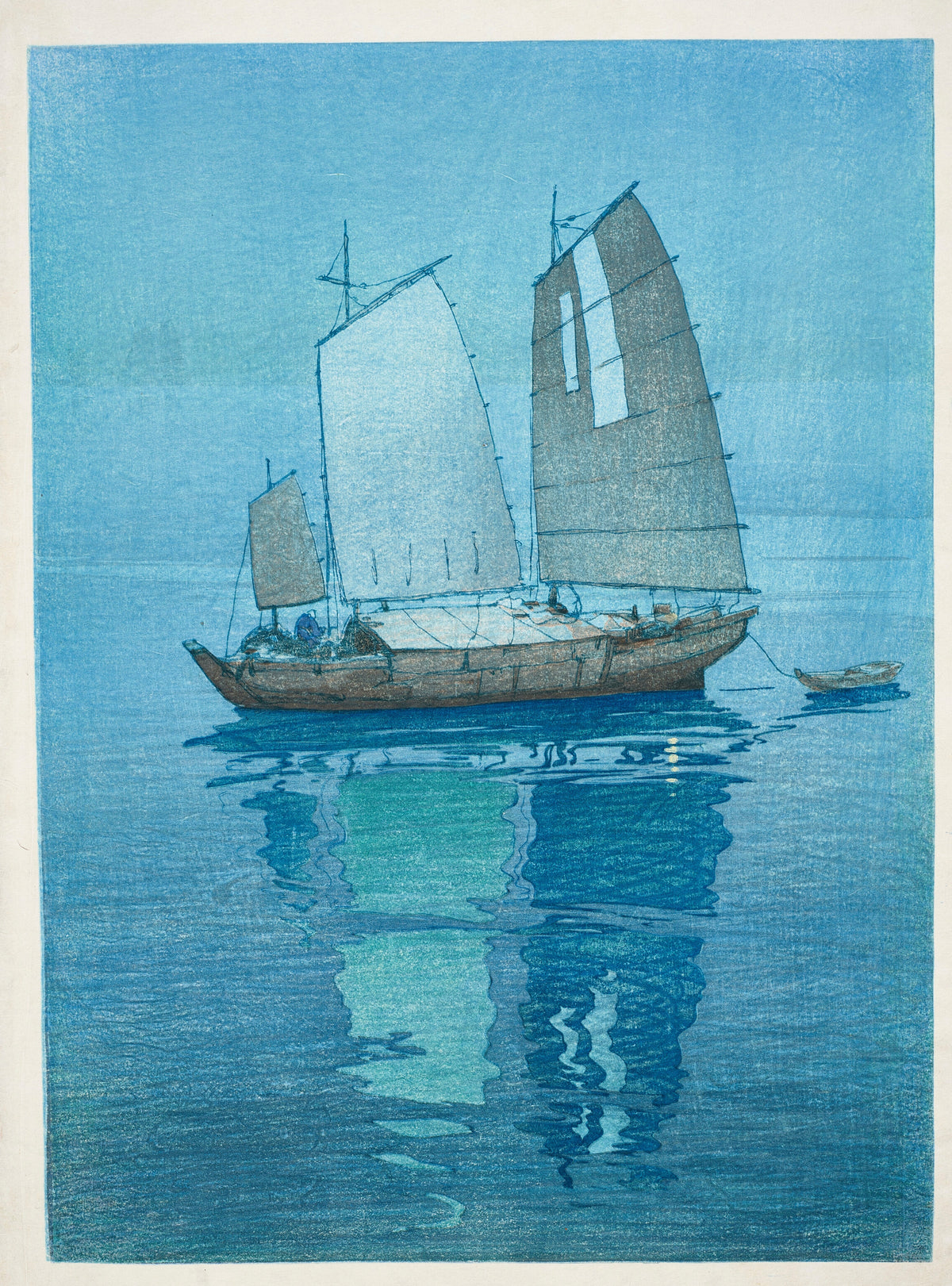 Sailing Boats by Hiroshi Yoshida — A sailing boat and its reflection on calm blue water