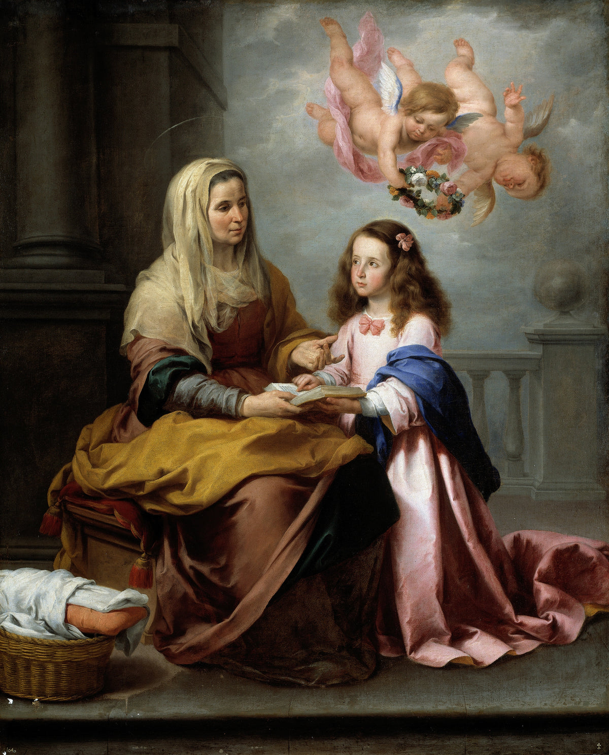 Saint Anne Teaching the Virgin to Read by Bartolomé Esteban Murillo — A girl and an older woman at an open book, a flower wreath above