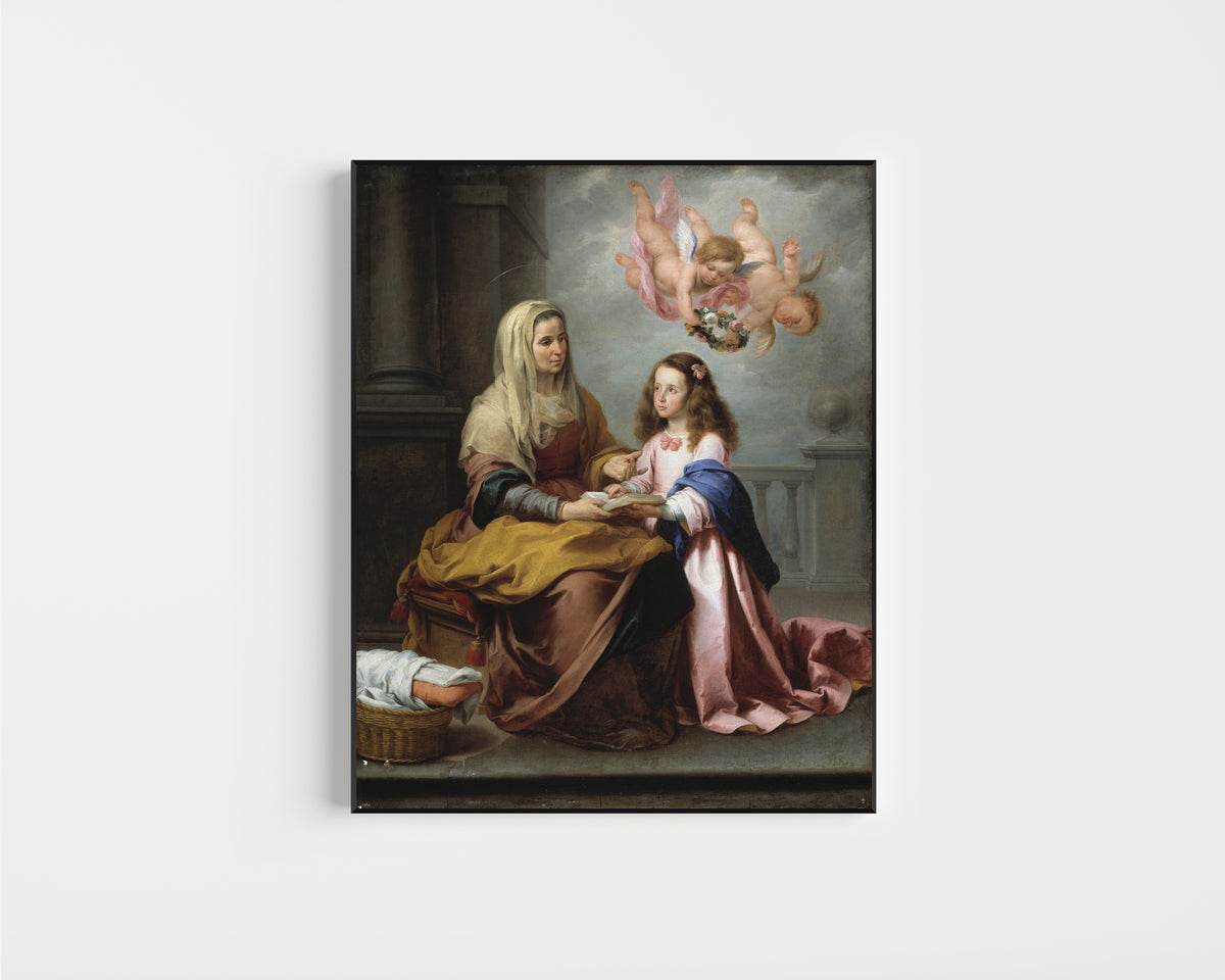 Framed art print of Saint Anne Teaching the Virgin to Read by Bartolomé Esteban Murillo, in a slim black frame on a plain white wall