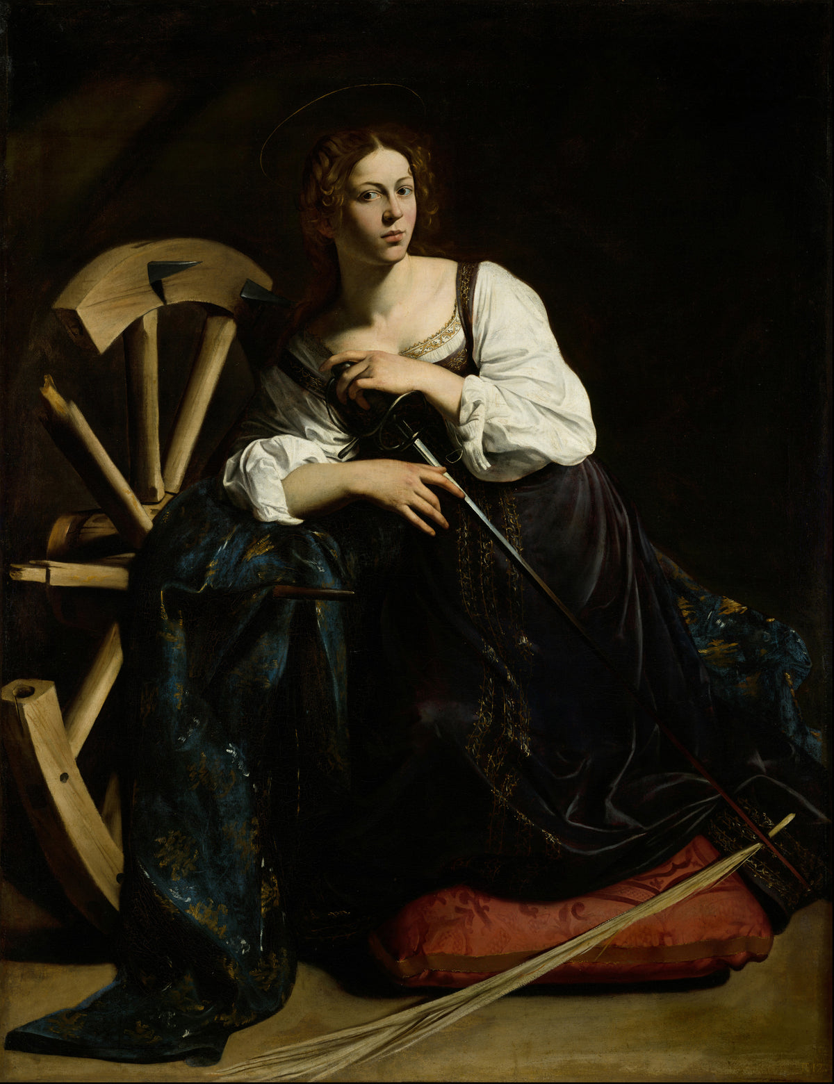 Saint Catherine of Alexandria by Caravaggio — A saint rests her hands on a sword beside a broken wheel