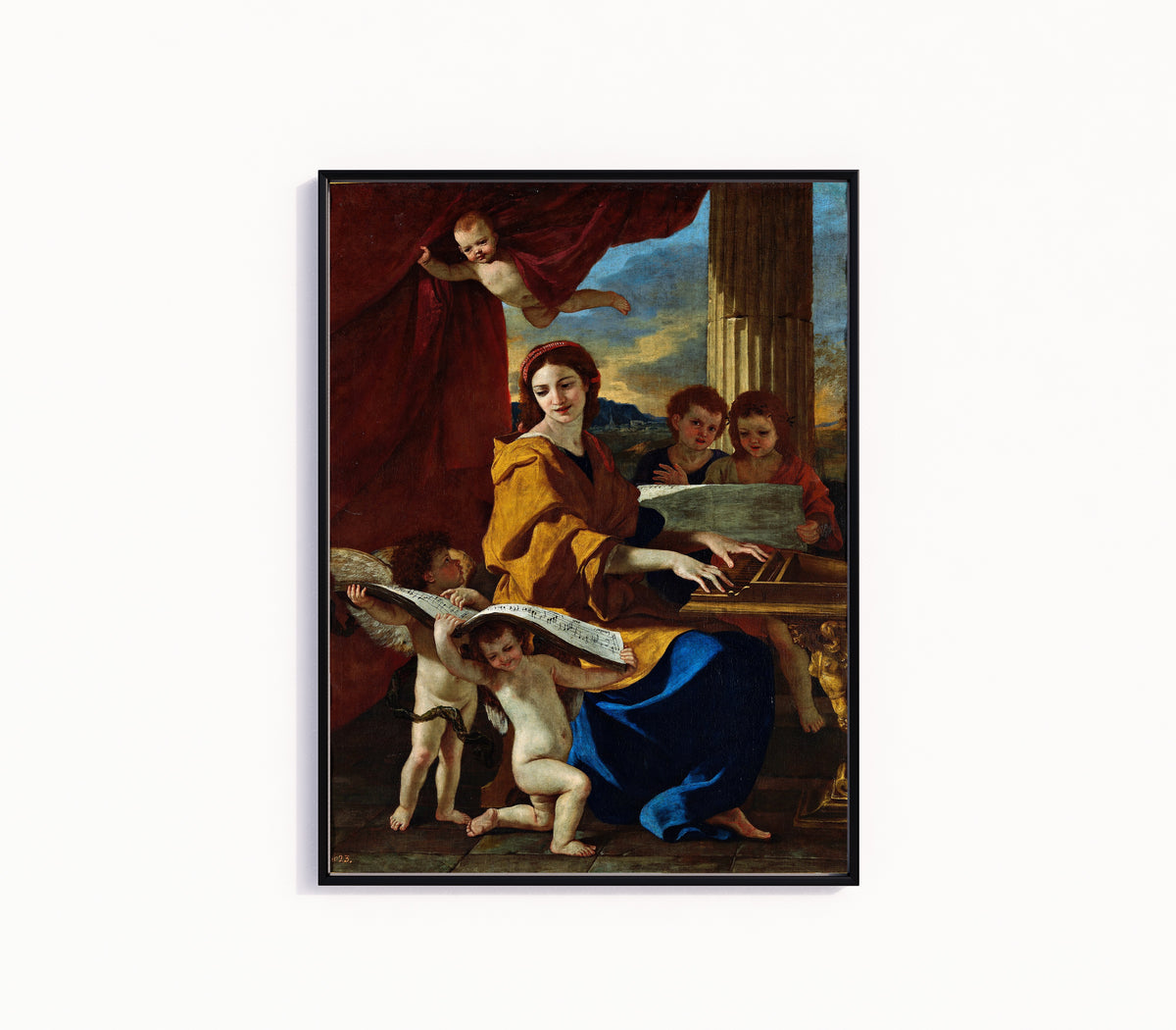 Framed art print of Saint Cecilia by Nicolas Poussin, in a slim black frame on a plain white wall
