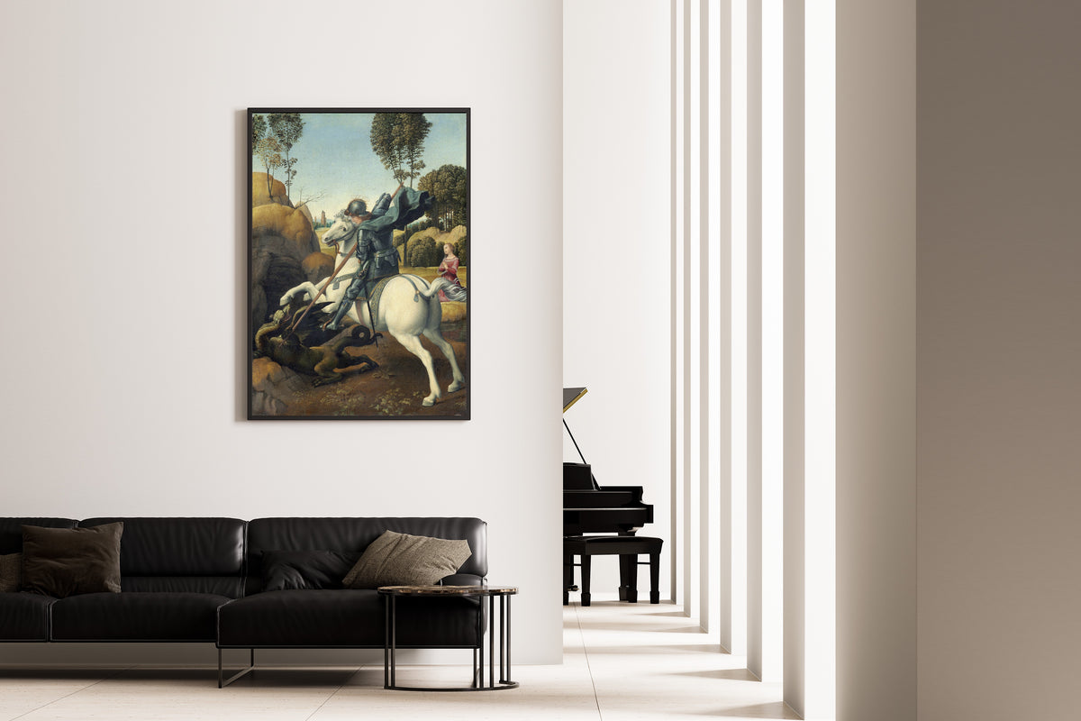 Framed art print of Saint George and the Dragon by Raphael, on the wall of a minimal living room