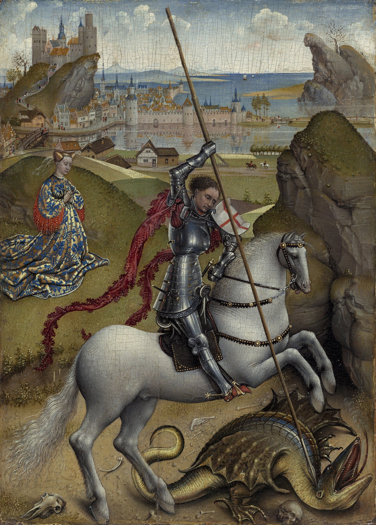 Saint George and the Dragon by Rogier van der Weyden — A knight on a white horse drives his lance into a dragon