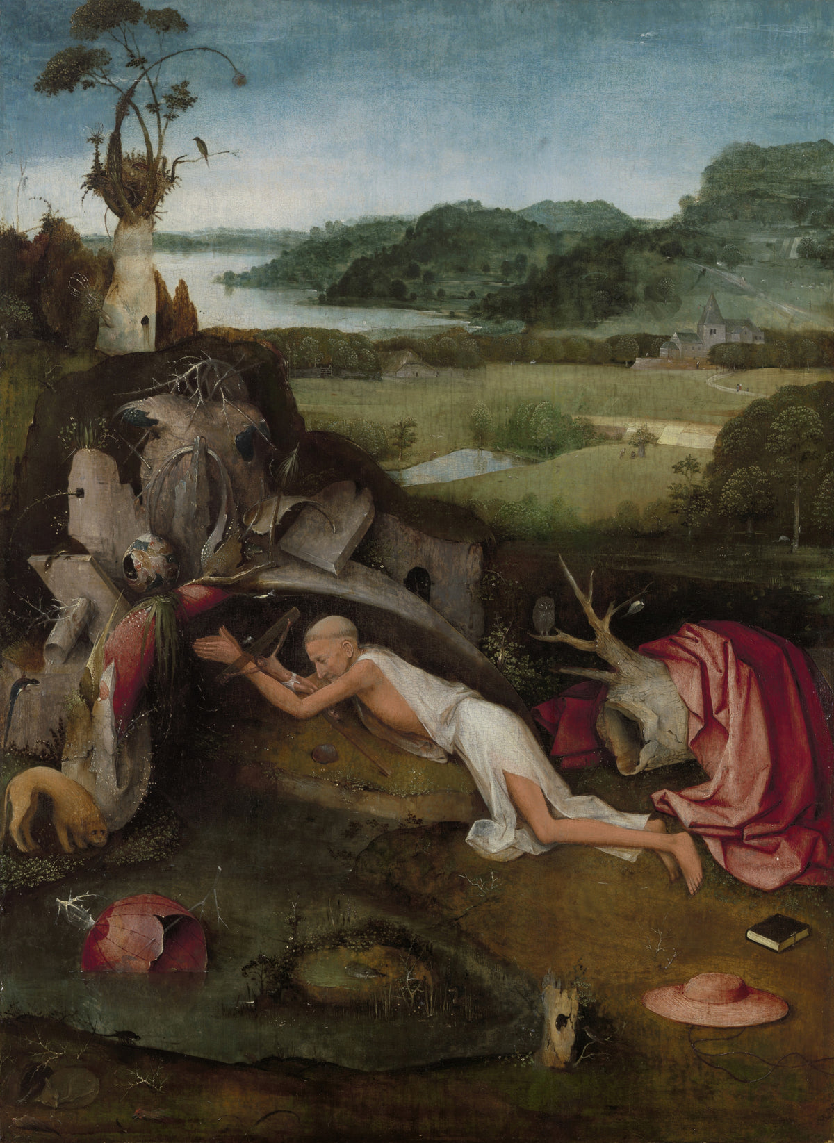 Saint Jerome by Hieronymus Bosch — A saint bows in prayer beneath rocks above a green valley