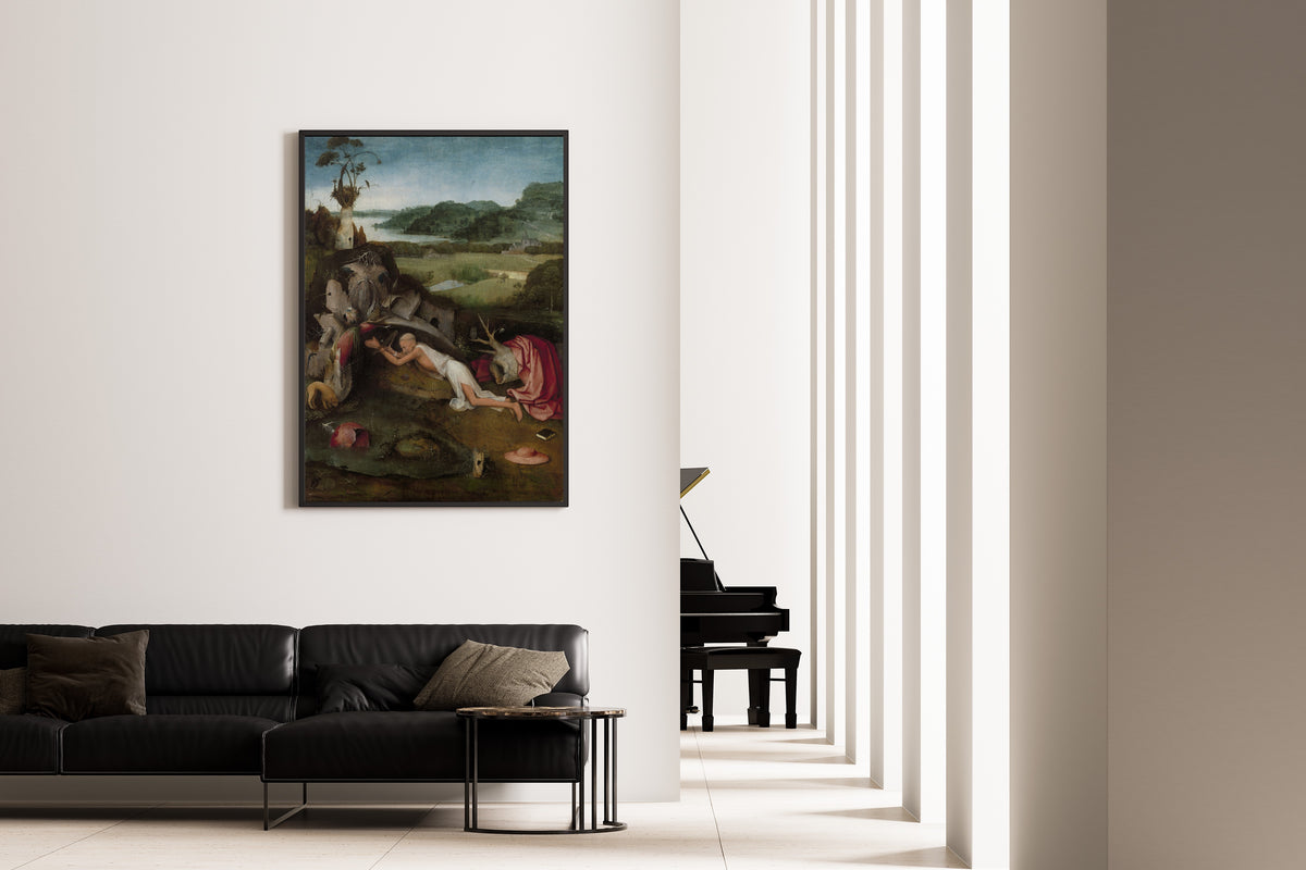 Framed art print of Saint Jerome by Hieronymus Bosch, on the wall of a minimal living room