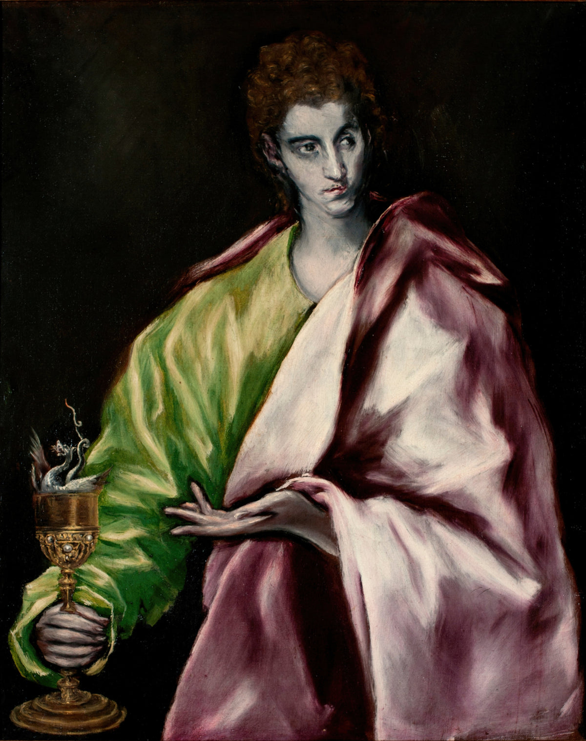 Saint John the Evangelist by El Greco — A curly-haired apostle in green and plum holds a gold cup