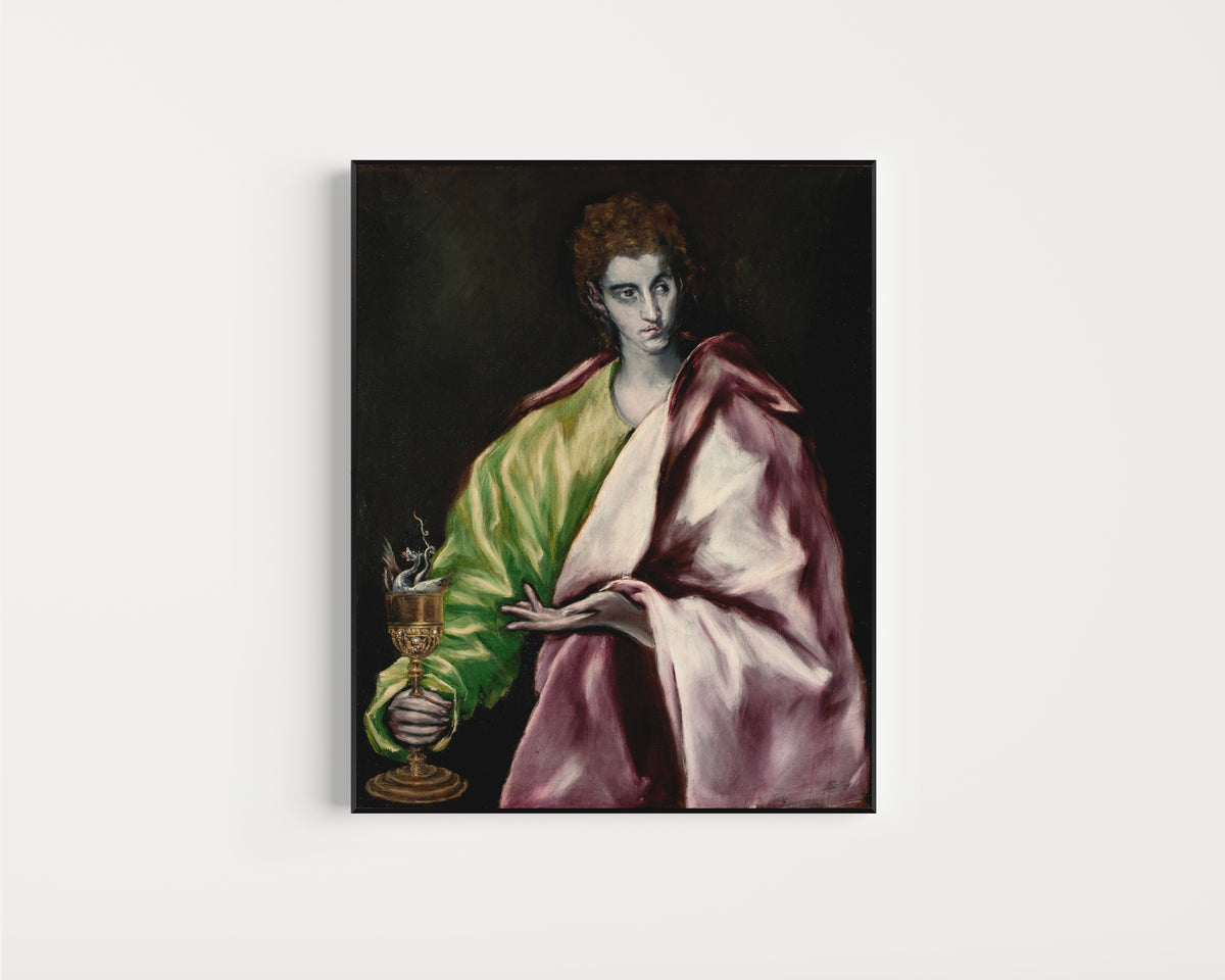 Framed art print of Saint John the Evangelist by El Greco, in a slim black frame on a plain white wall
