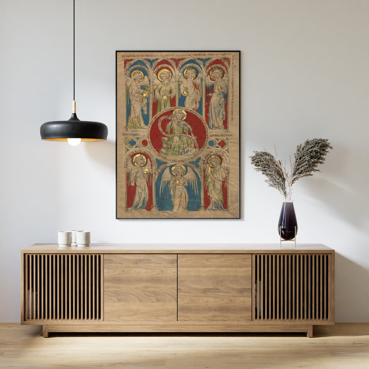 Framed art print of Saint John the Evangelist surrounded by Seven Angels, above a slatted wood sideboard