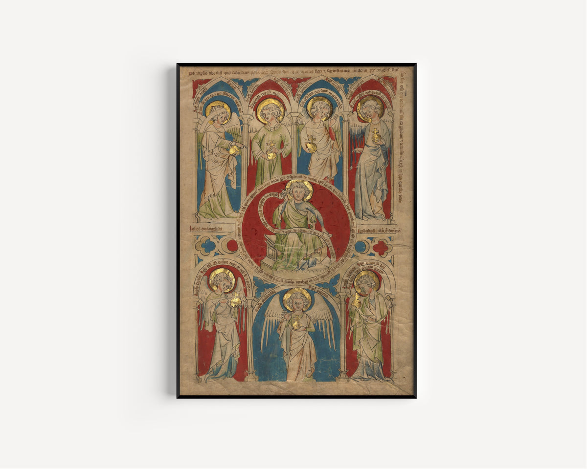 Framed art print of Saint John the Evangelist surrounded by Seven Angels, in a slim black frame on a plain white wall