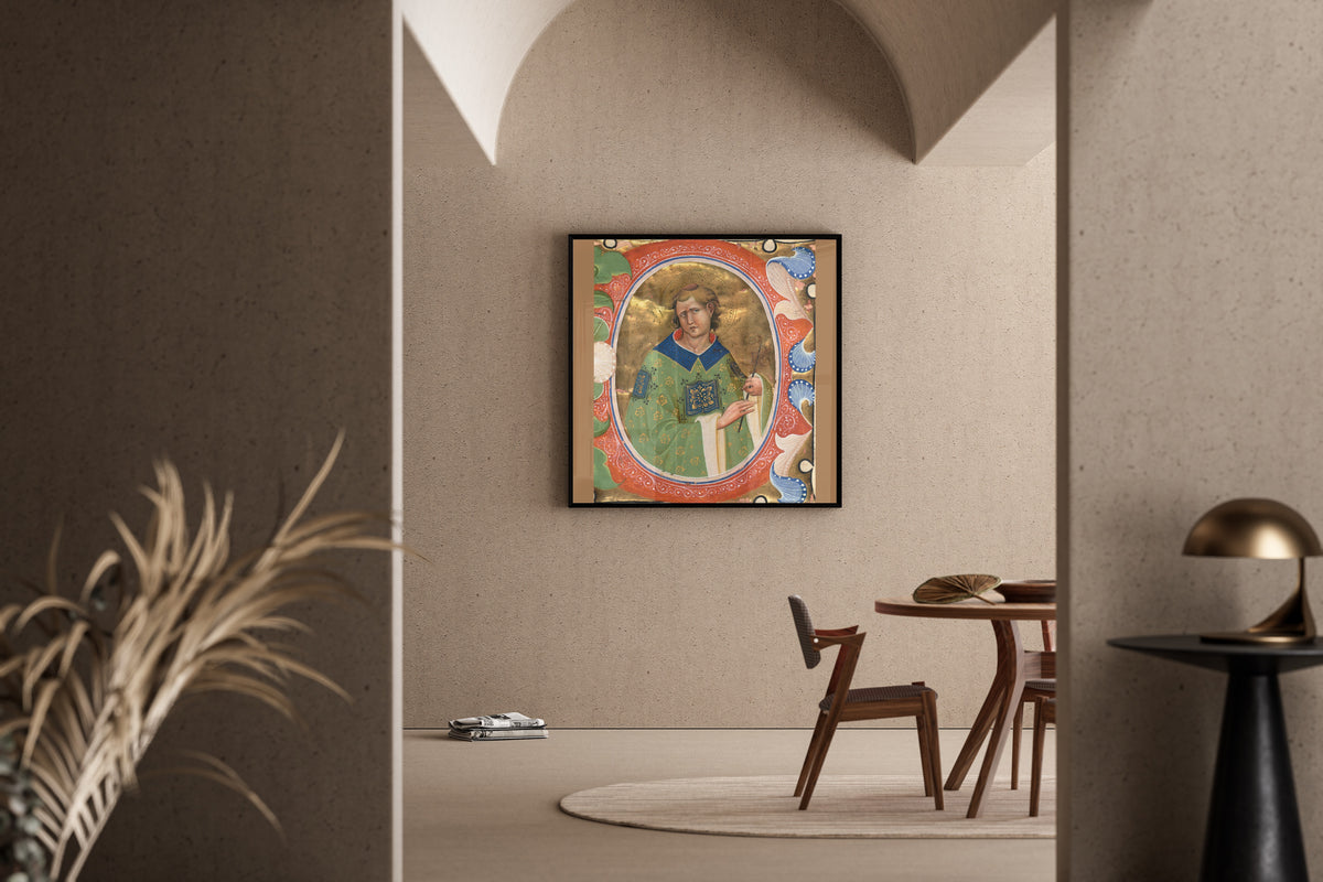 Framed art print of Saint Lawrence by Master of the Murano Gradual, in a sunlit dining corner