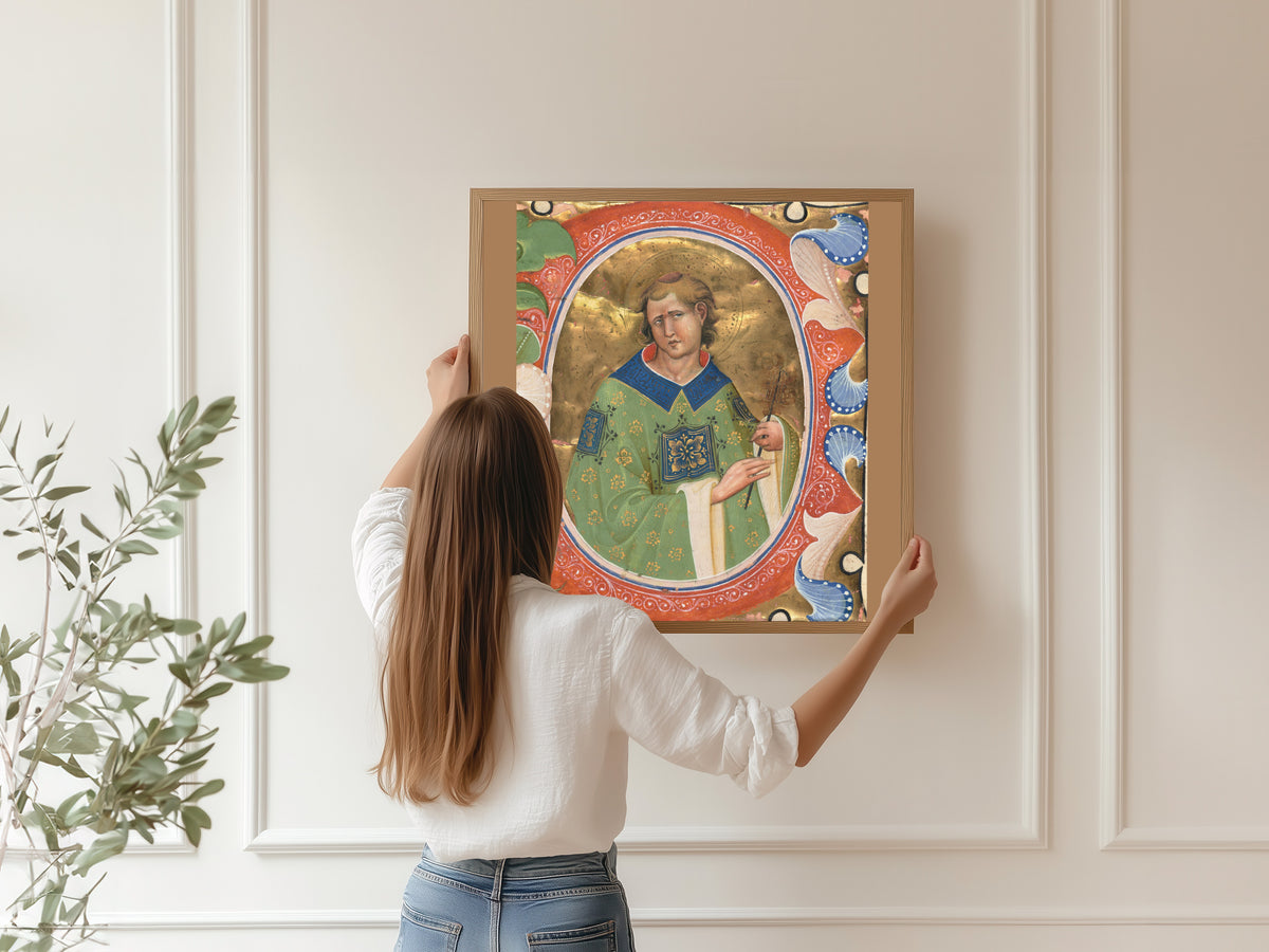Framed art print of Saint Lawrence by Master of the Murano Gradual, hung on a panelled wall