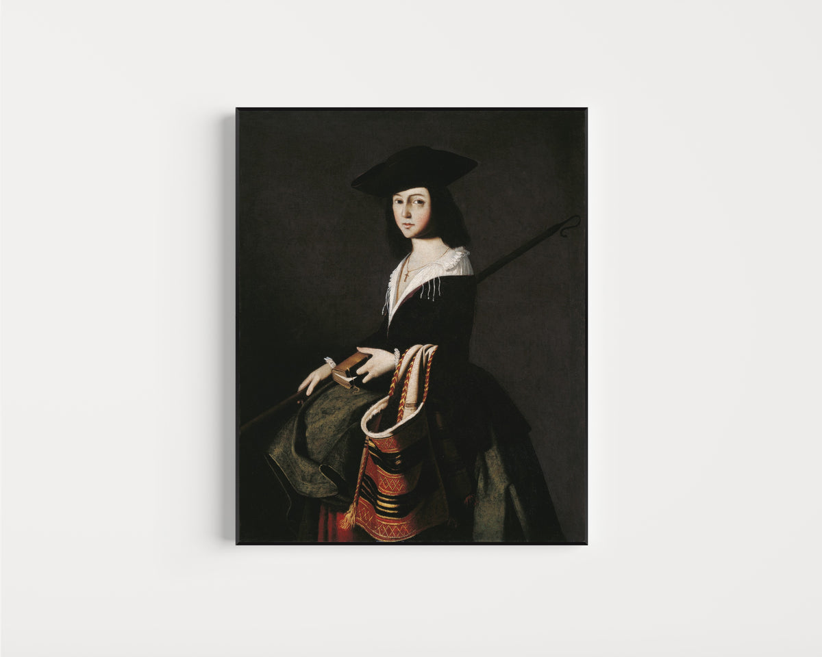 Framed art print of Saint Marina by Francisco de Zurbarán, in a slim black frame on a plain white wall