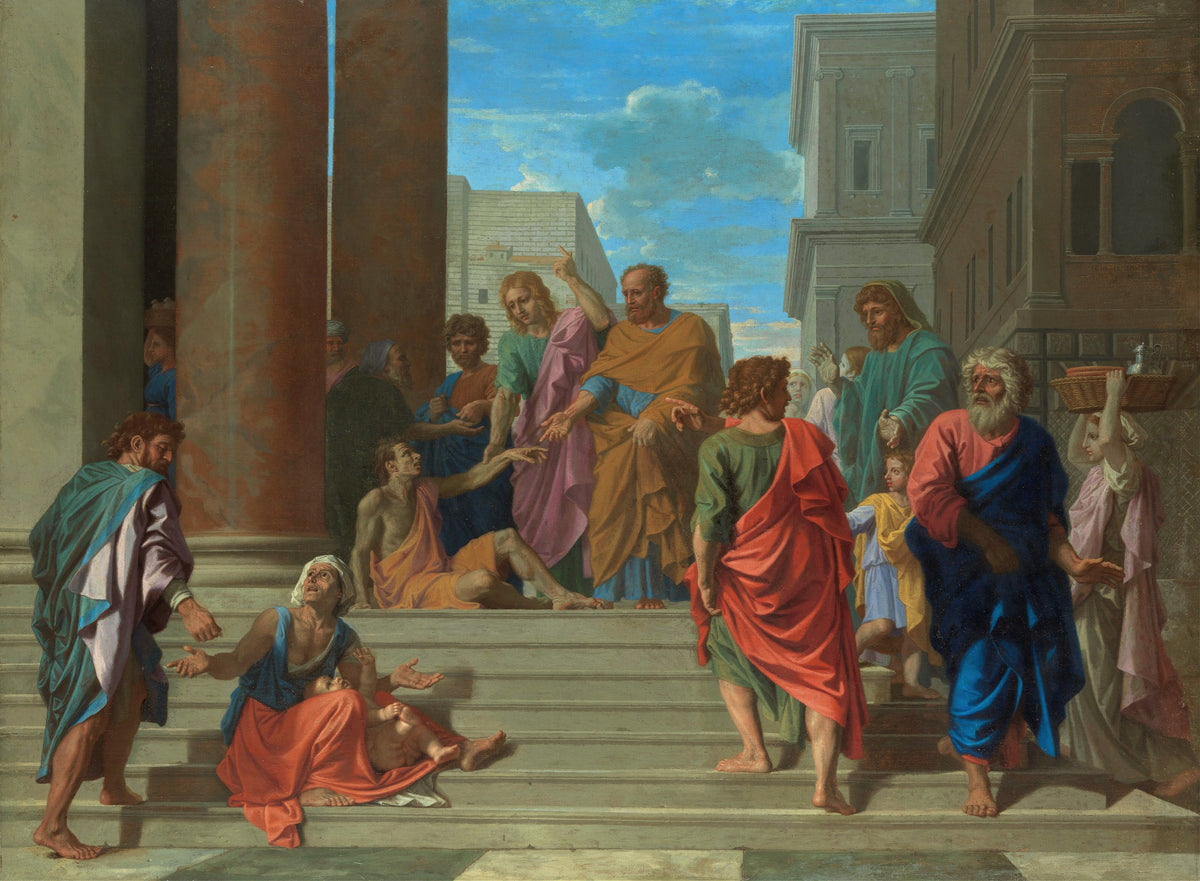 Saints Peter and John Healing the Lame Man by Nicolas Poussin — Two men reach toward a seated man on steps before a colonnade