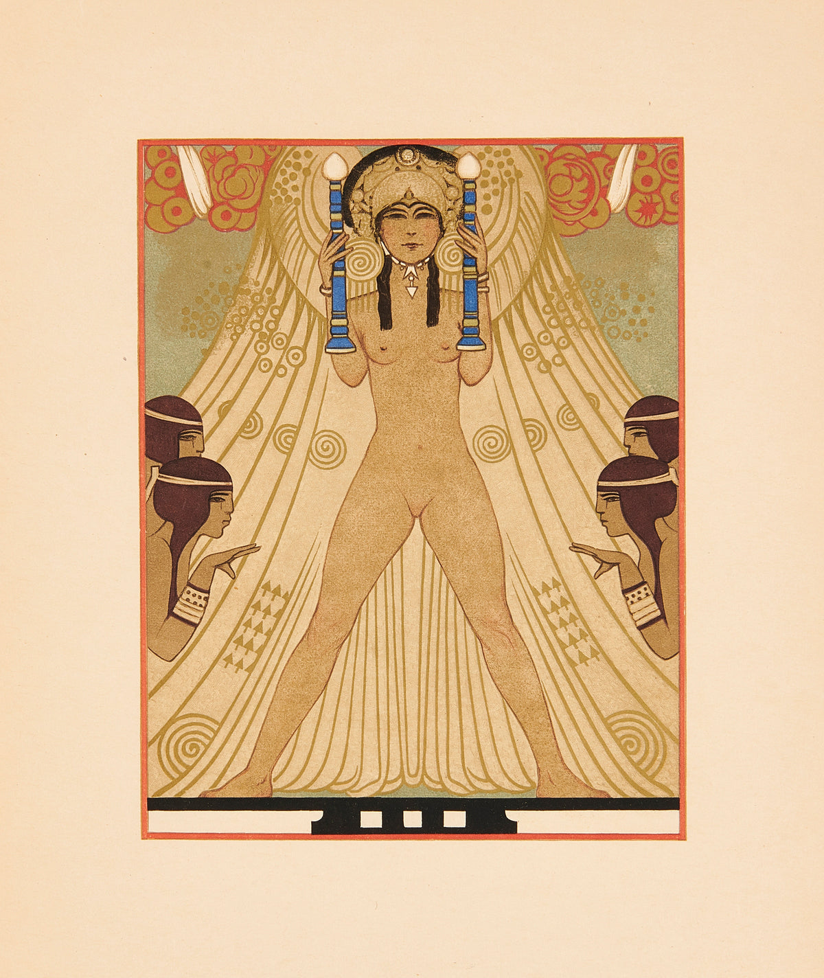 Salomé by Manuel Orazi — A crowned figure holds two candlesticks between crouching attendants