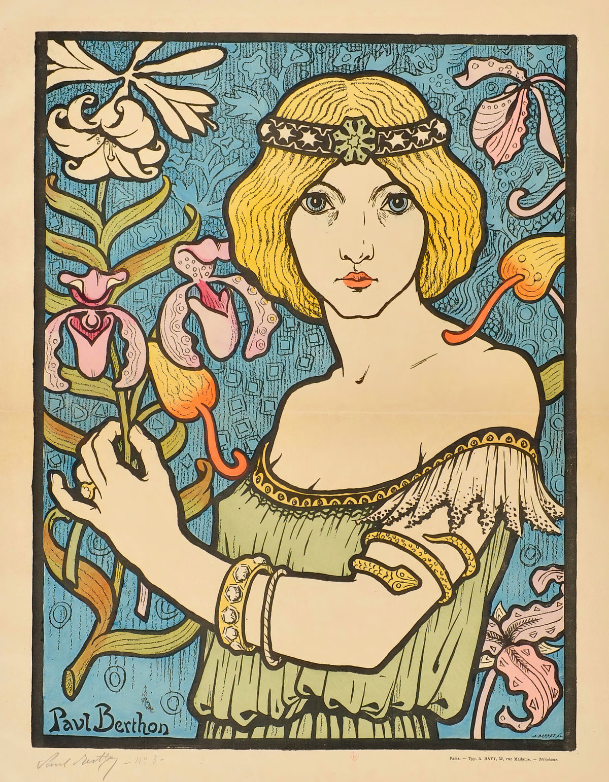 Salon des Cent: 17e Exposition (unlettered state) by Paul Berthon — A blonde woman in a starry headband holds an orchid on a blue ground