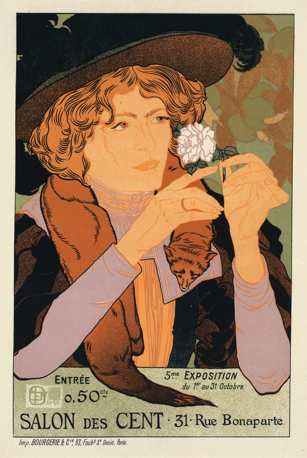Salon des Cent: 5e Exposition d'Art by Georges de Feure — A red-haired woman in a plumed hat sniffs a white rose
