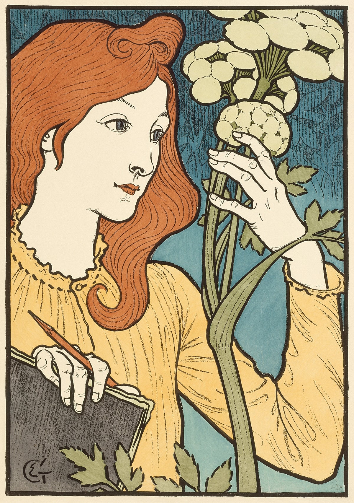 Salon des Cent by Eugène Grasset — A red-haired woman with a sketchbook studies a white flower head