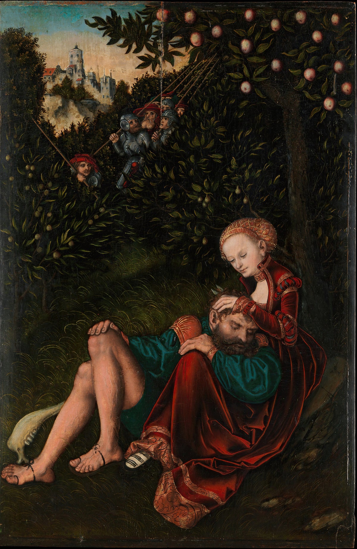 Samson and Delilah by Lucas Cranach the Elder — A woman shears a sleeping man's hair as armoured soldiers creep up