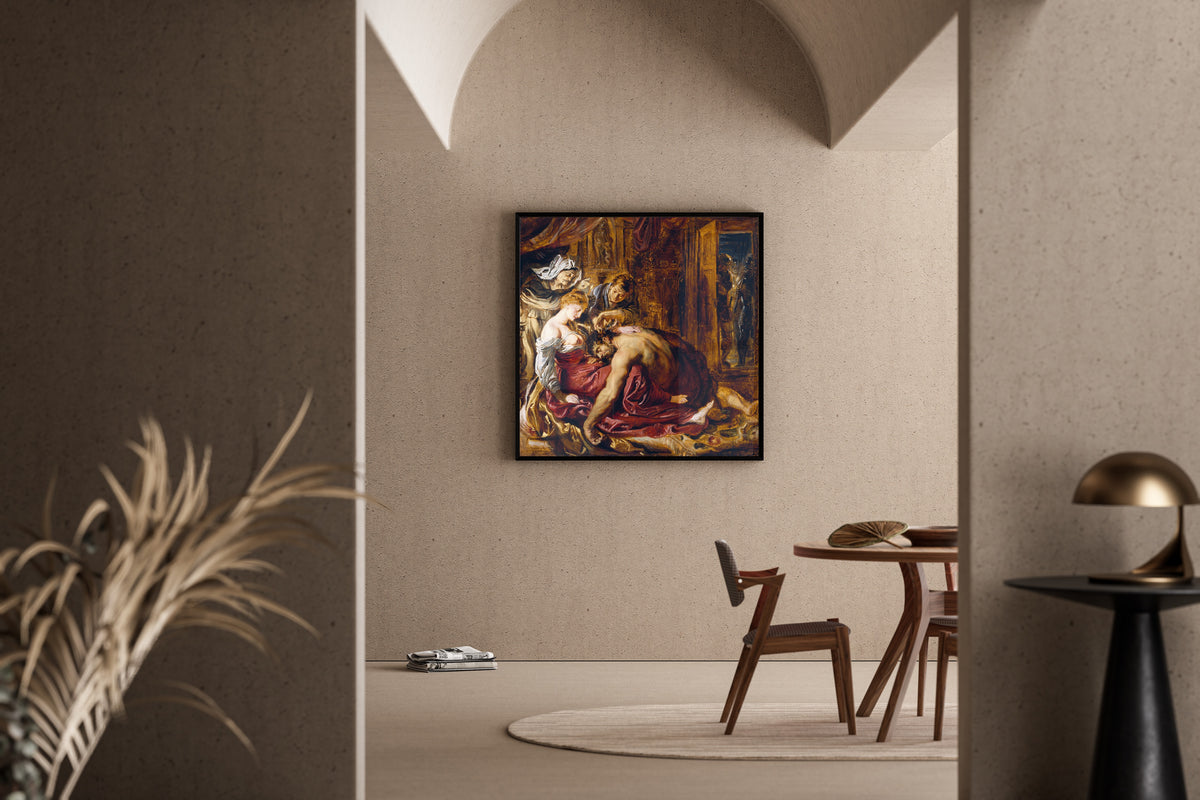 Framed art print of Samson and Delilah by Peter Paul Rubens, in a sunlit dining corner