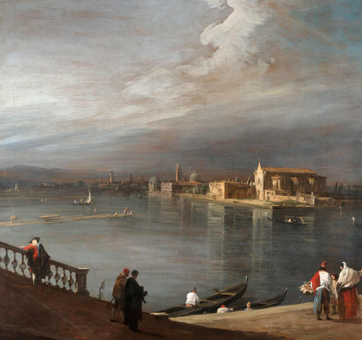 San Cristoforo, San Michele, and Murano from the Fondamenta Nuove, Venice by Canaletto — A lagoon under towering cloud, seen from a Venetian quay
