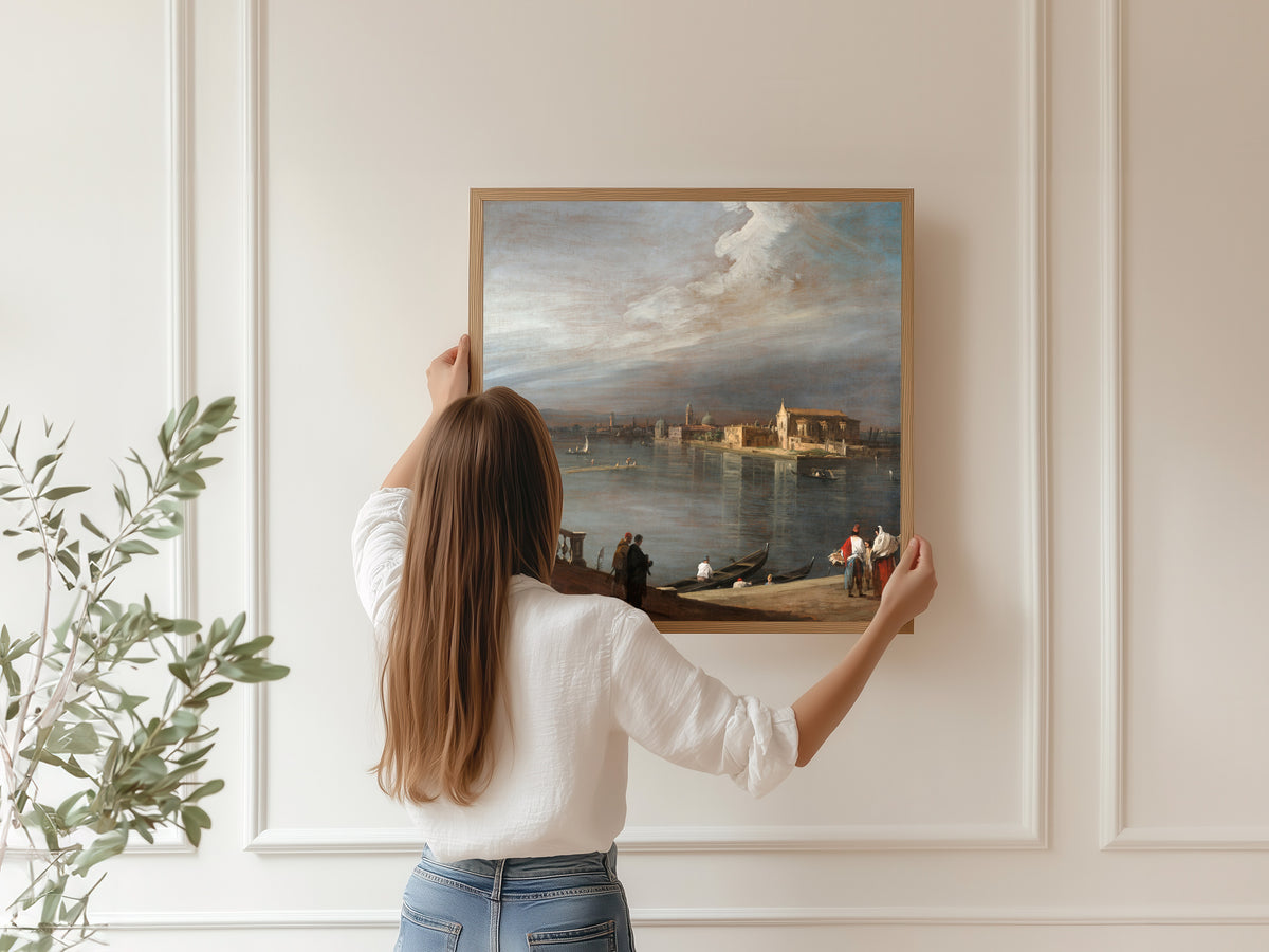Framed art print of San Cristoforo, San Michele, and Murano from the Fondamenta Nuove, Venice by Canaletto, hung on a panelled wall