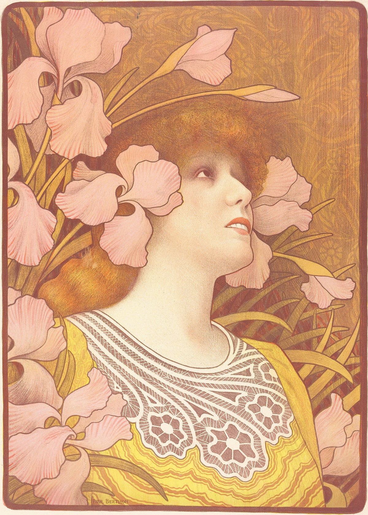 Sarah Bernhardt as Mélissinde in La Princesse Lointaine by Paul Berthon — Sarah Bernhardt gazes upward among large pink irises