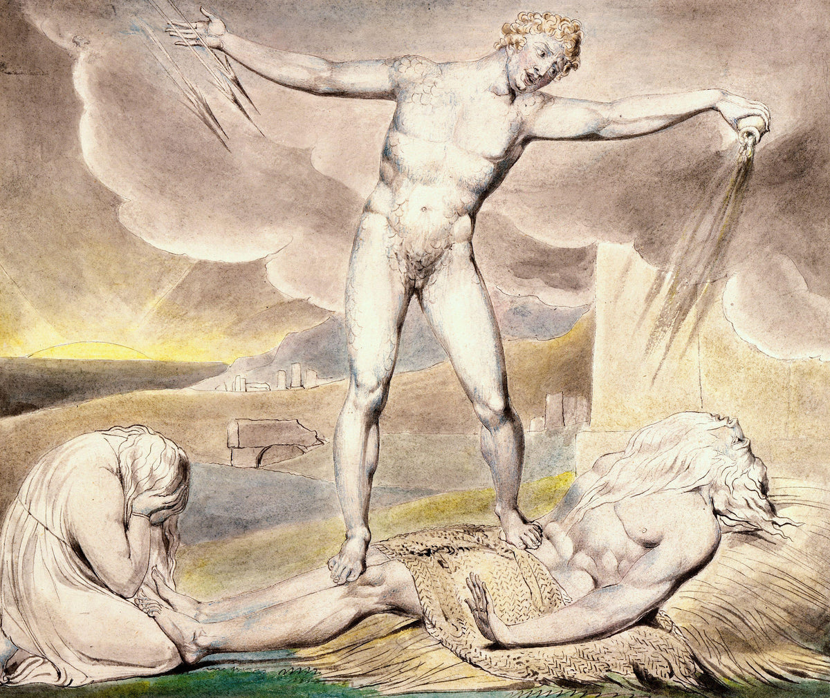 Satan Smiting Job with Boils by William Blake — Satan stands on the fallen Job pouring plague from a vial