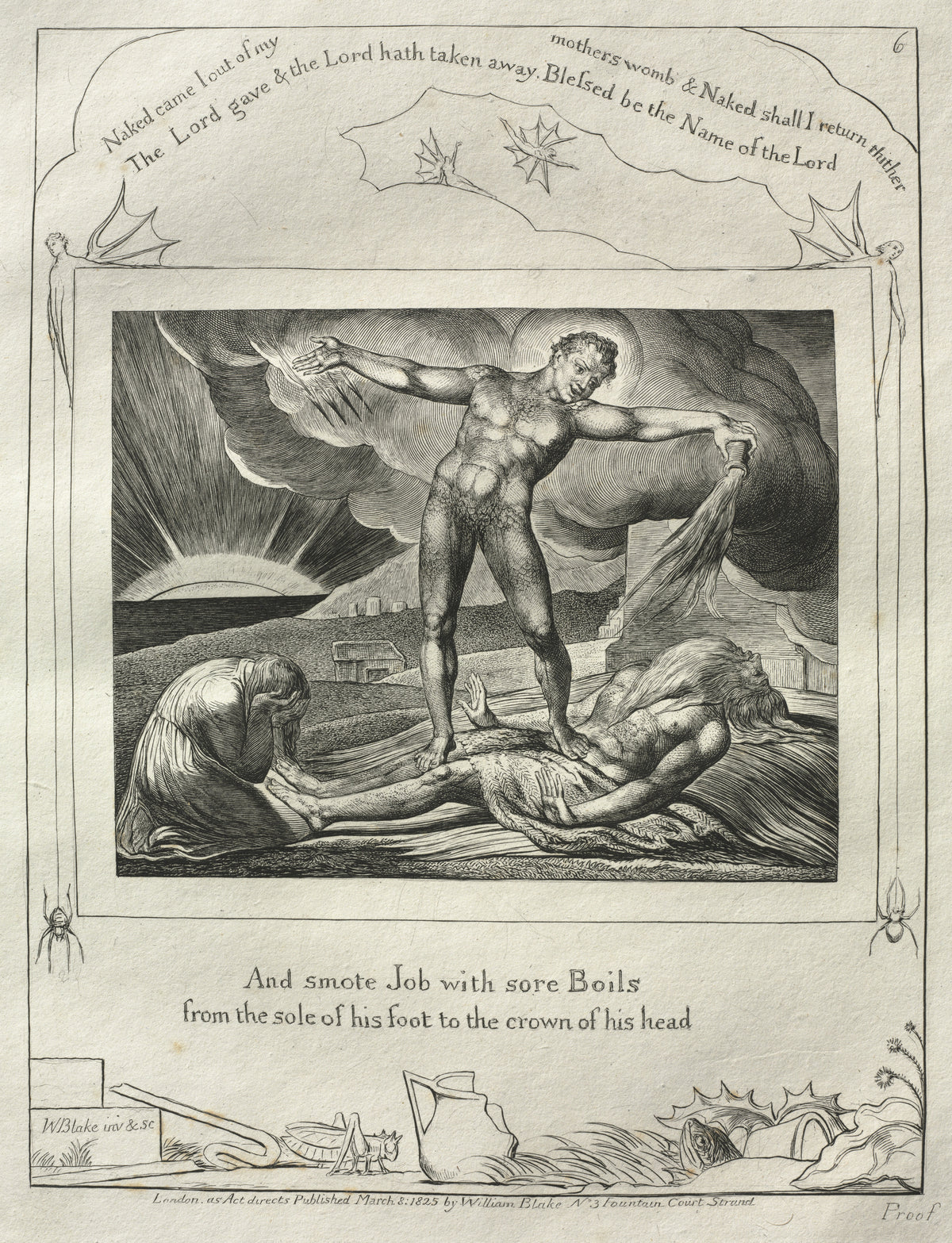Satan Smiting Job with Sore Boils (Book of Job, Plate 6) by William Blake — Satan stands over the stricken Job pouring boils from a vial