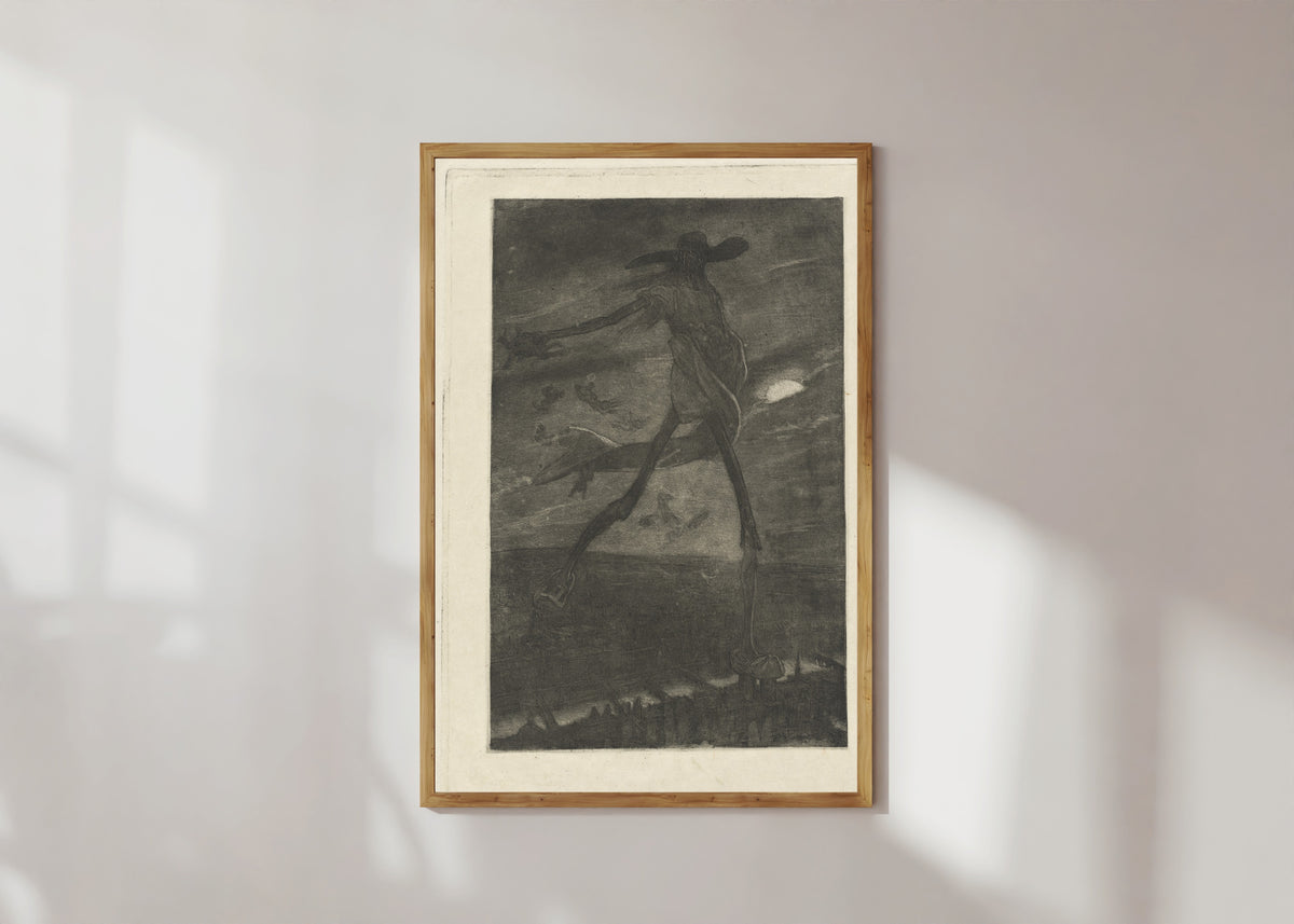 Framed art print of Satan Sowing Tares (Satan semant l'ivraie) by Félicien Rops, in a light wood frame on a sunlit white wall