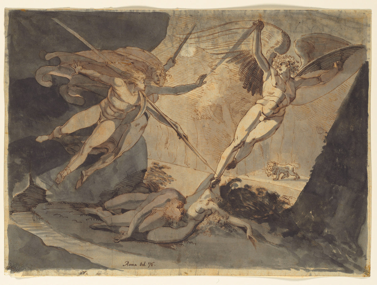 Satan Starts from the Touch of Ithuriel's Spear by Henry Fuseli — Winged Satan leaps up as two angels drive their spears at him