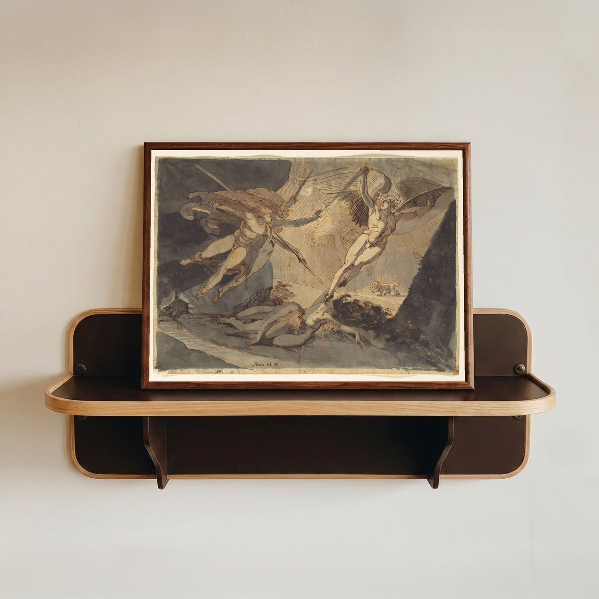 Framed art print of Satan Starts from the Touch of Ithuriel's Spear by Henry Fuseli, in a dark wood frame resting on a wall shelf