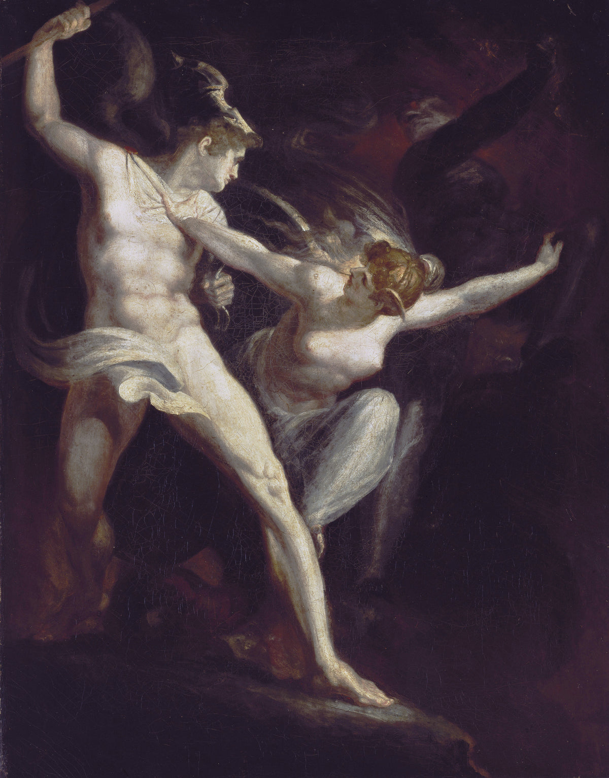 Satan and Death, Separated by Sin by Henry Fuseli — Satan raises his spear as Sin flings herself between him and Death