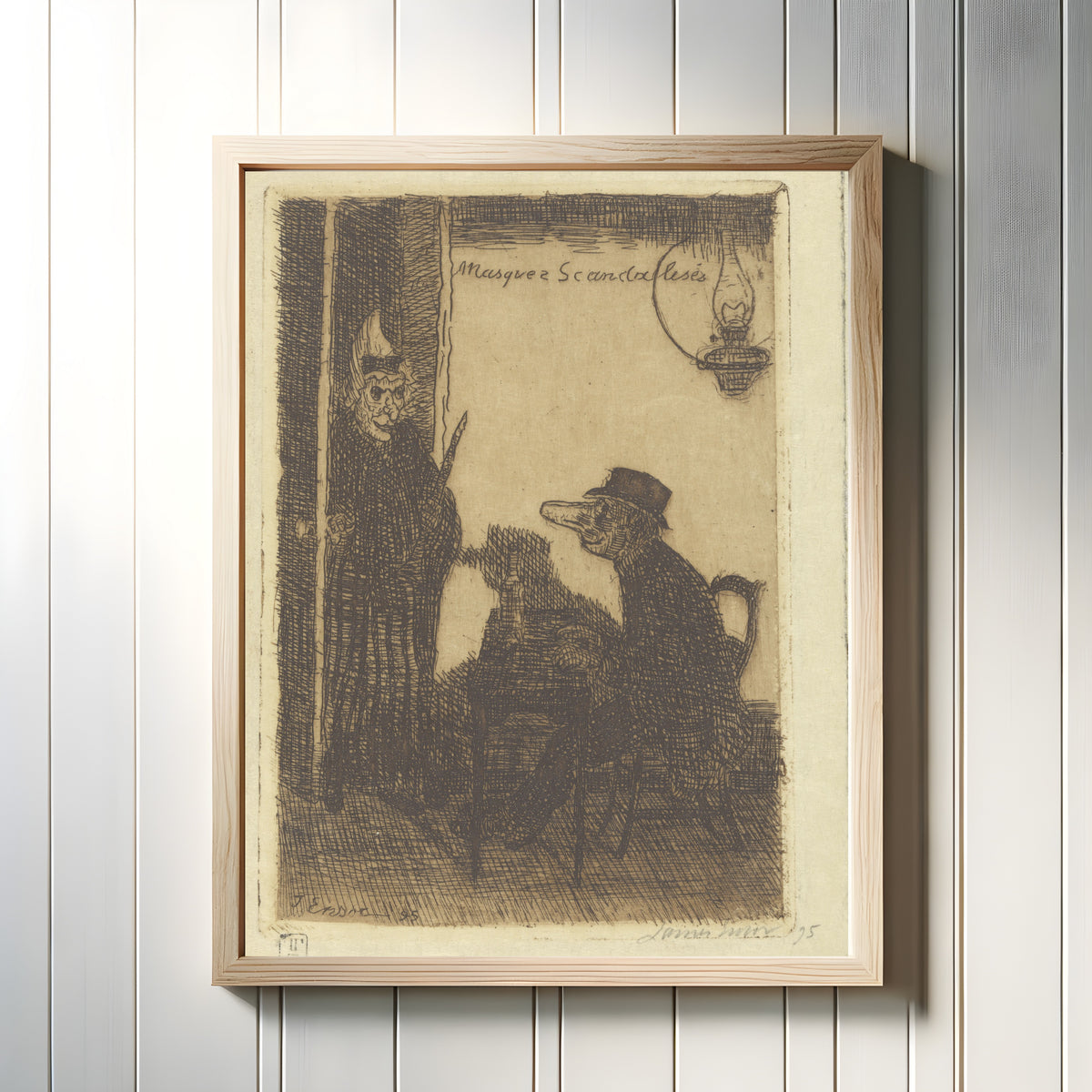Framed art print of Scandalized Masks (Masques scandalises) by James Ensor, in a light wood frame on a white panelled wall