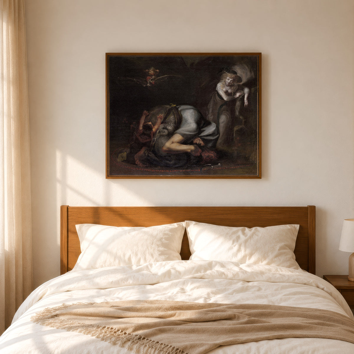 Framed art print of Scene of Witches, from The Masque of Queens by Ben Jonson by Henry Fuseli, in a slim wood frame above a bed in a sunlit bedroom