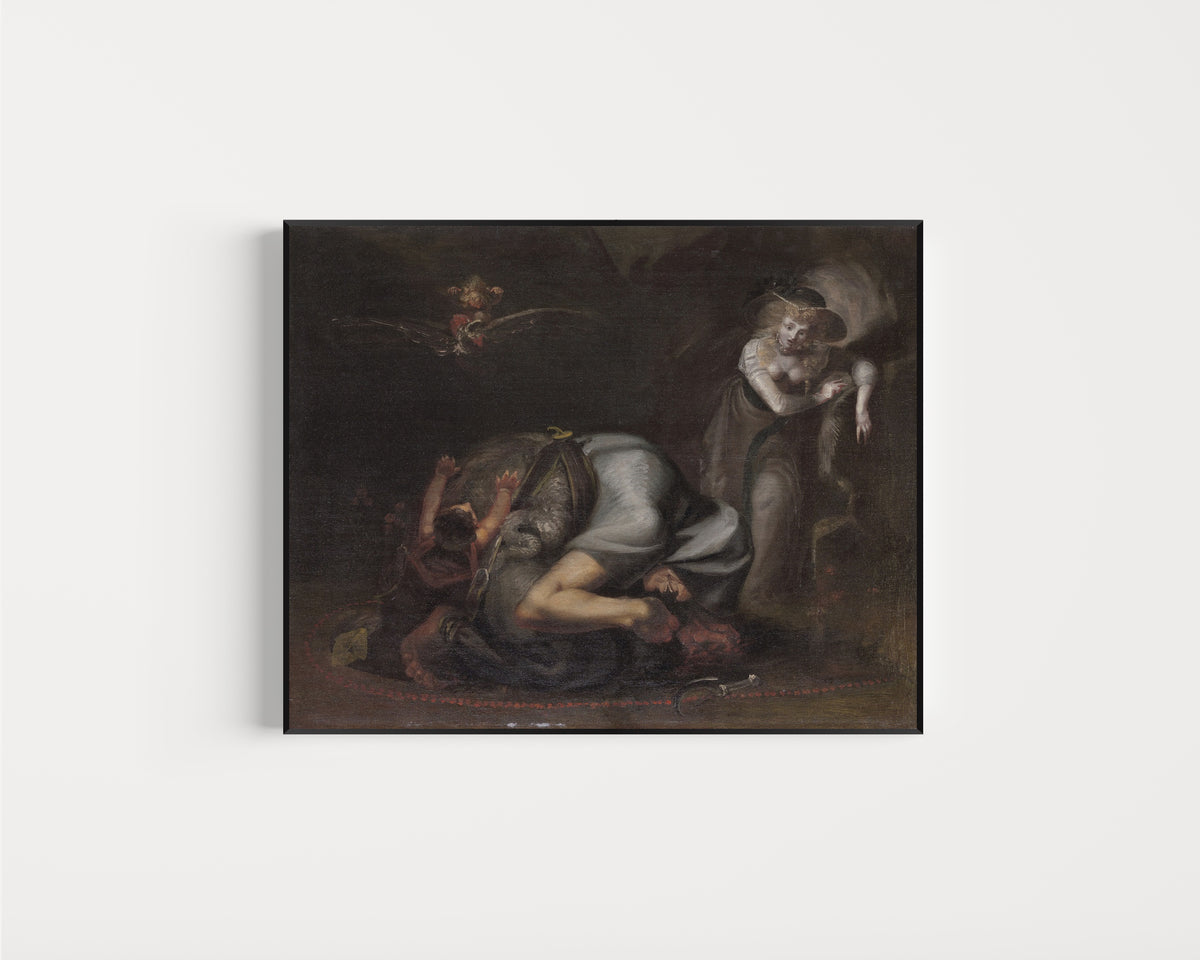 Framed art print of Scene of Witches, from The Masque of Queens by Ben Jonson by Henry Fuseli, in a slim black frame on a plain white wall