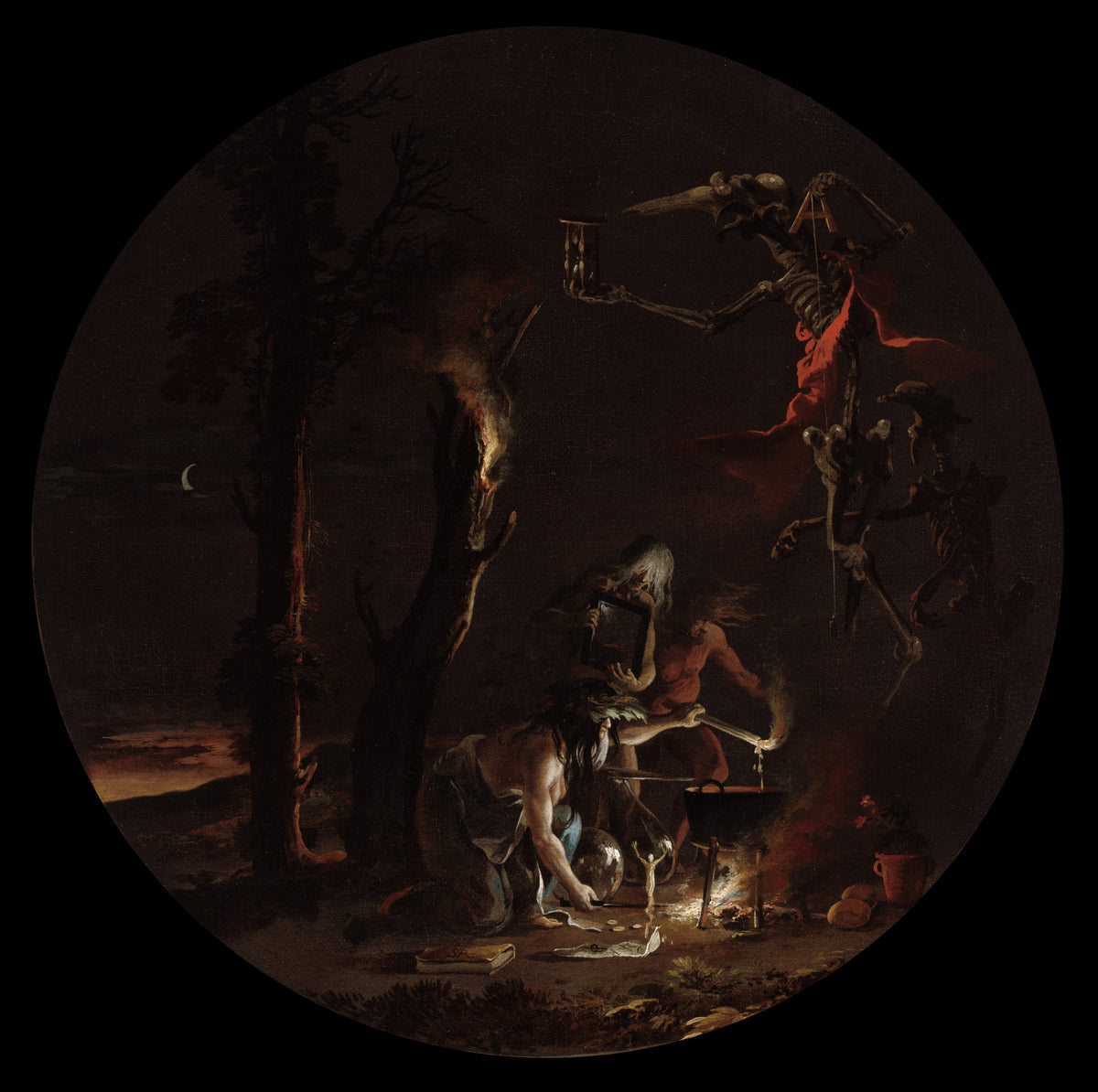 Scenes of Witchcraft: Evening by Salvator Rosa — Witches work a spell by firelight beneath a flying skeleton