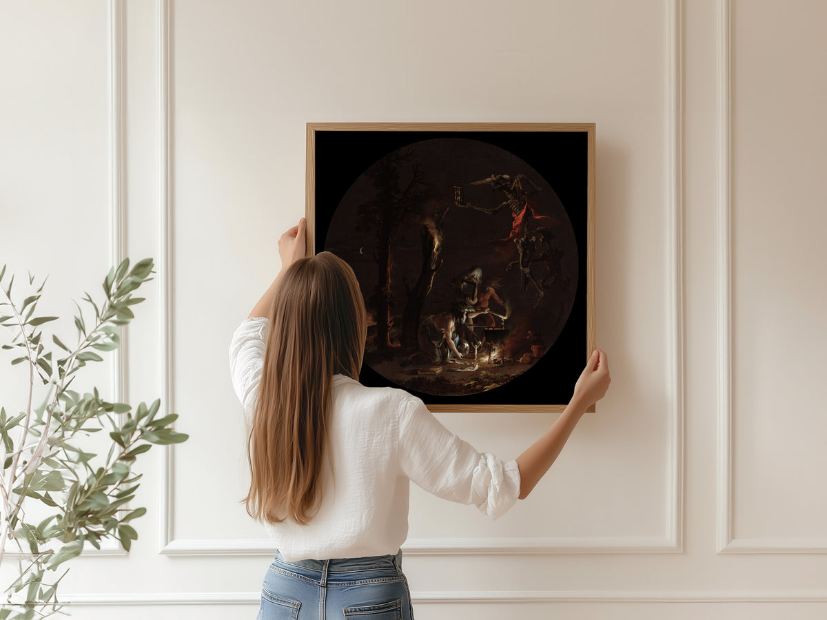Framed art print of Scenes of Witchcraft: Evening by Salvator Rosa, hung on a panelled wall
