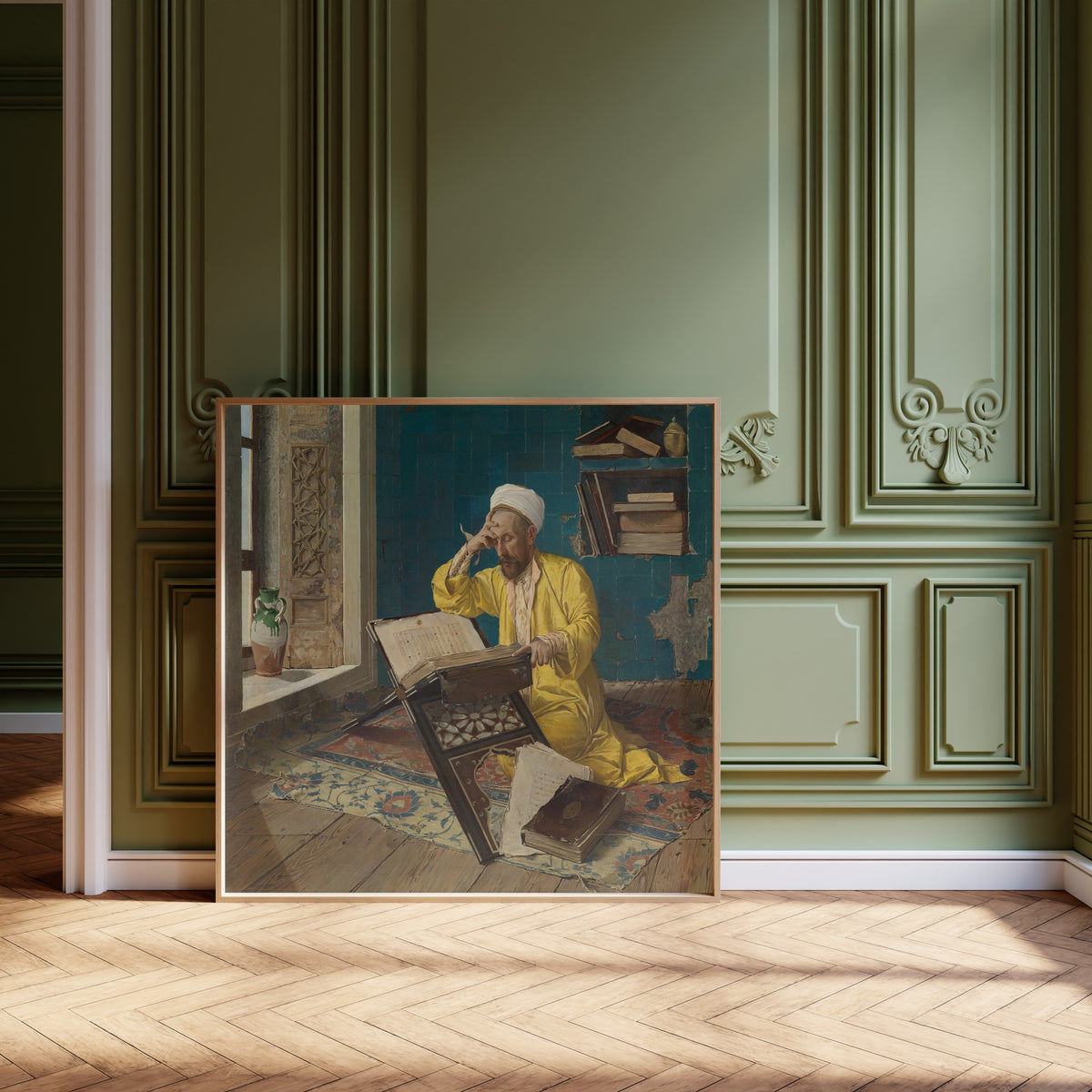 Scholar with Quran by Osman Hamdi Bey — framed and leaning against olive-green panelling on a herringbone floor