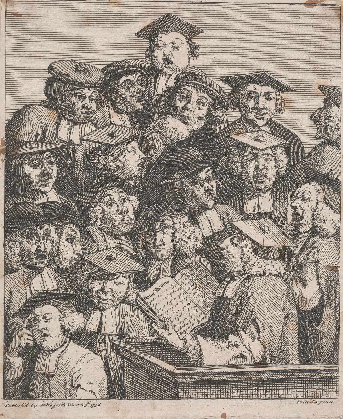 Scholars at a Lecture (A Chorus of Singers) by William Hogarth — Academics pack a lecture hall, yawning, staring and dozing