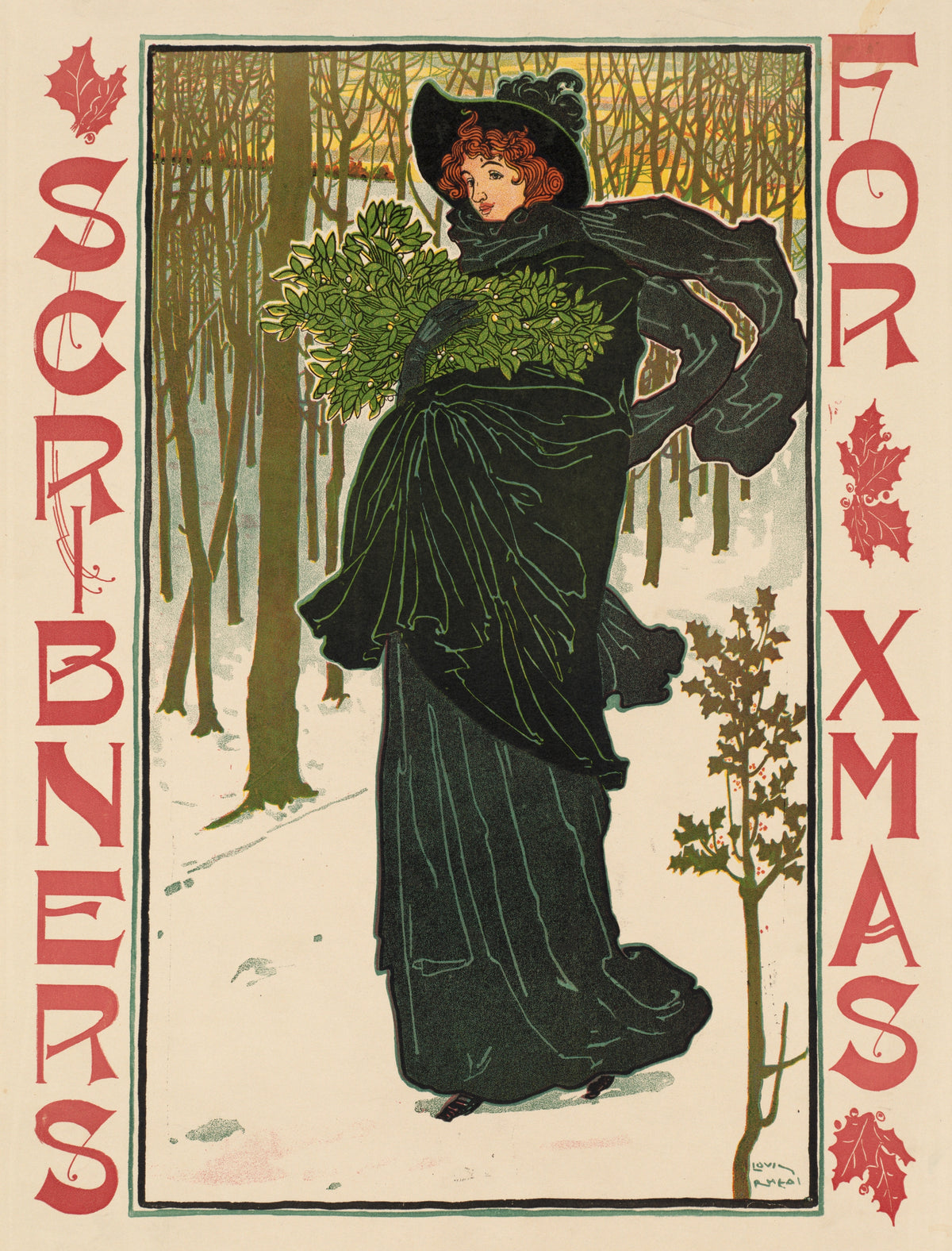 Scribner's for Xmas by Louis Rhead — A woman in a green coat carries berried sprigs through snowy woods