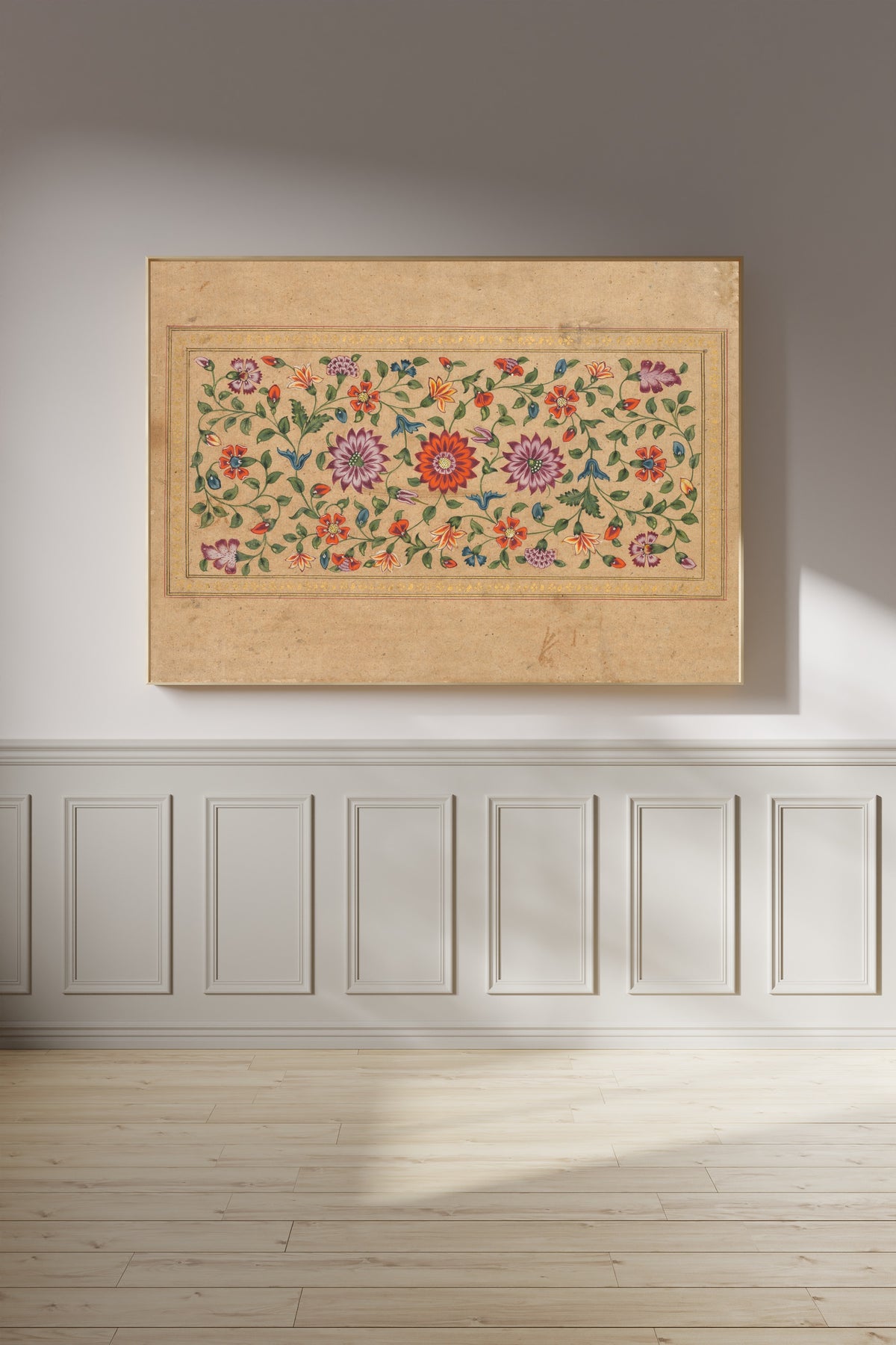 Framed art print of Scrolling Floral Vines by Fayzullah, on a panelled wall in afternoon light