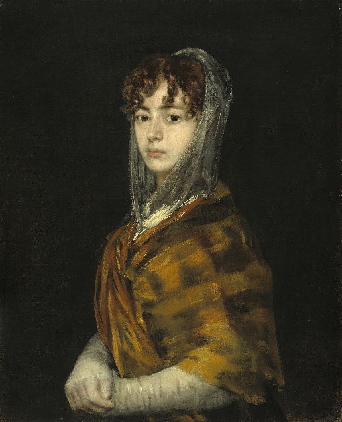 Señora Sabasa Garcia by Francisco de Goya — A young woman in a gauze mantilla and a golden shawl