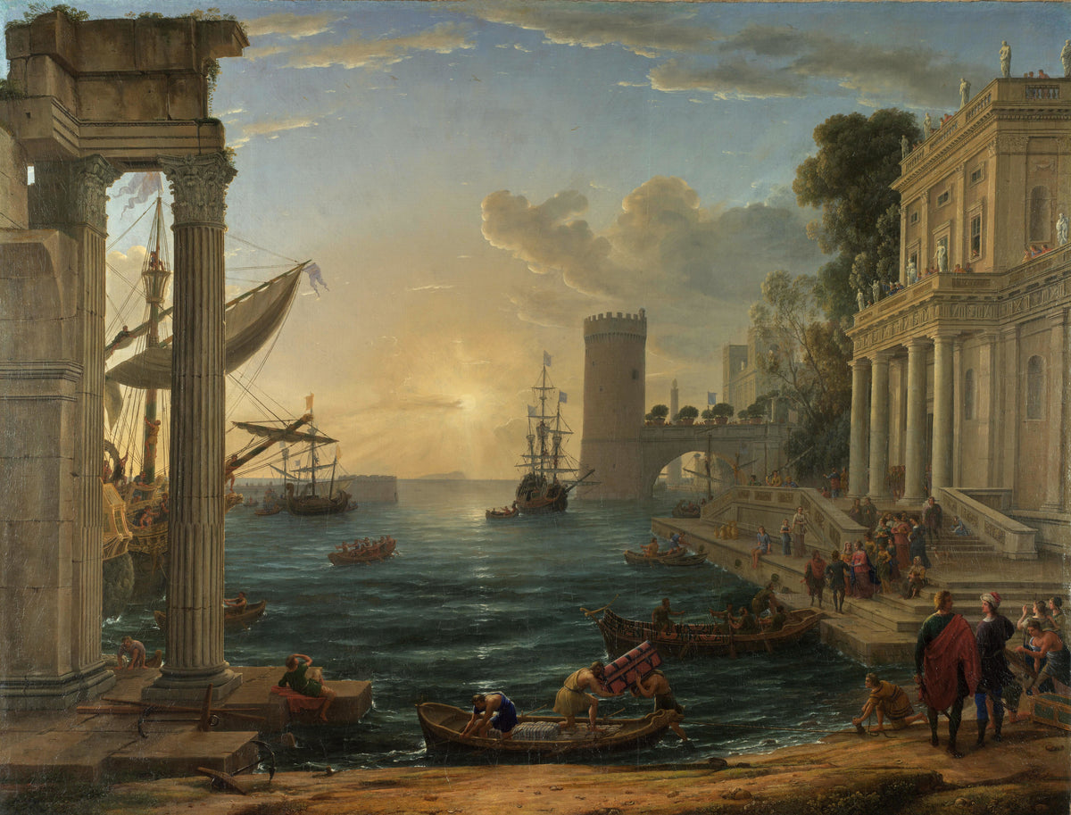 Seaport with the Embarkation of the Queen of Sheba by Claude Lorrain — Ships, columns and a crowded quay in the glow of a low sun