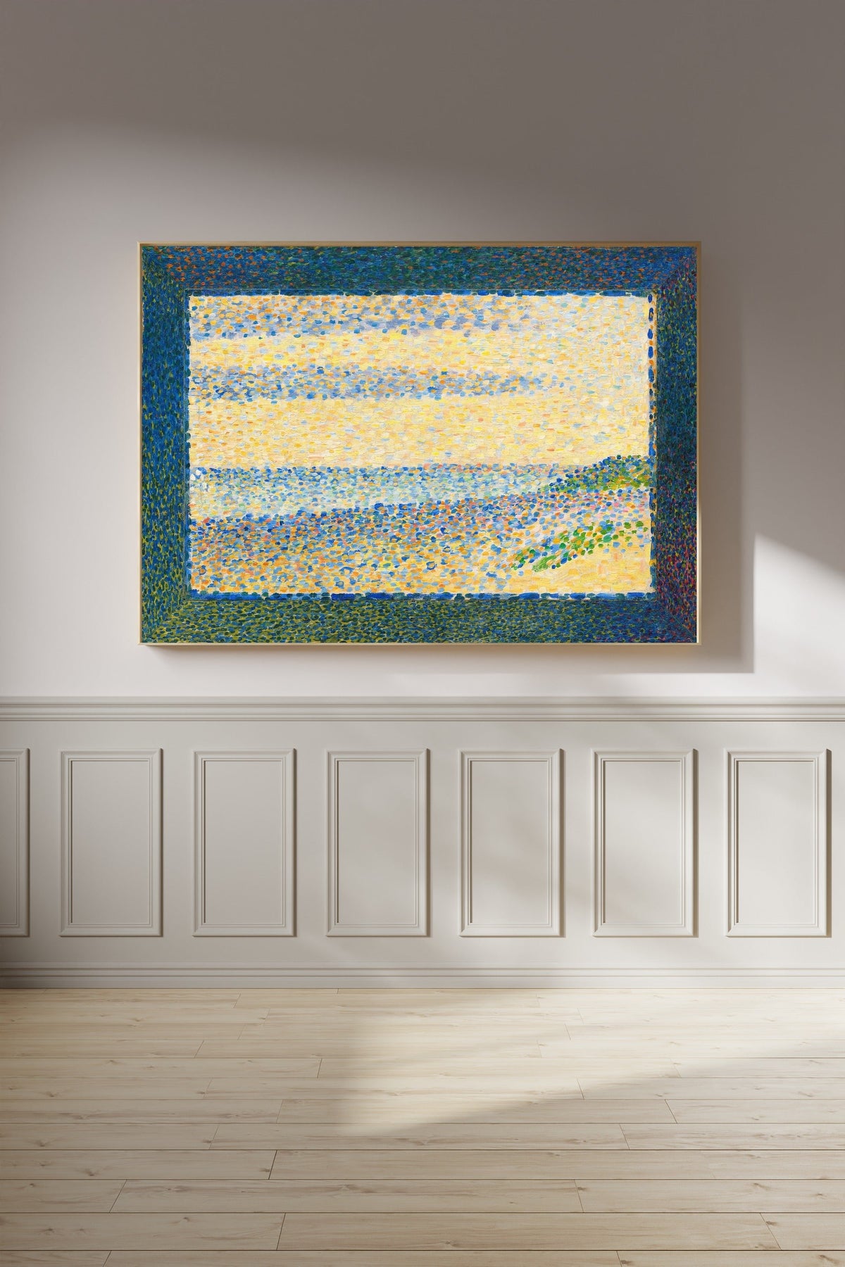 Framed art print of Seascape (Gravelines) by Georges Seurat, on a panelled wall in afternoon light