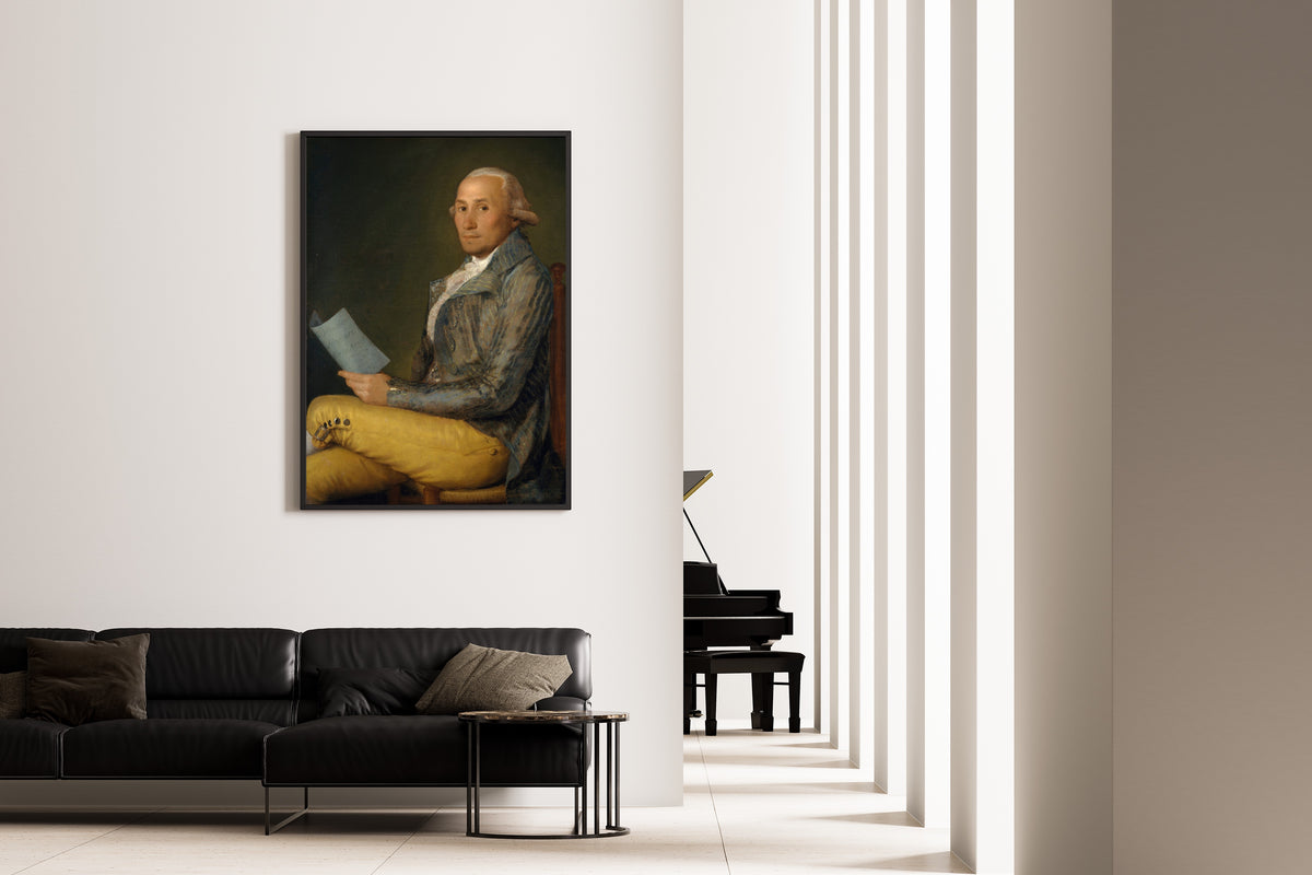 Framed art print of Sebastián Martínez y Pérez (1747–1800) by Francisco de Goya, on the wall of a minimal living room