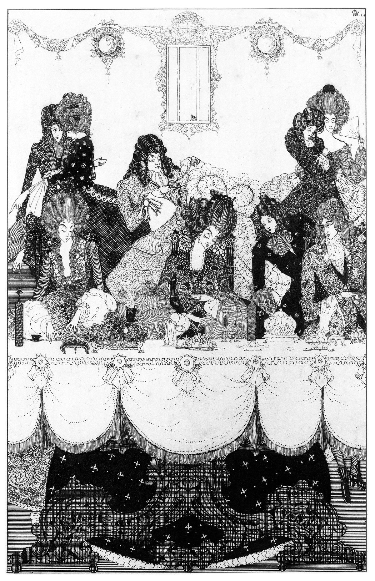 See Fierce Belinda on the Baron Flies by Harry Clarke — Courtiers in towering wigs gather at a draped banquet table