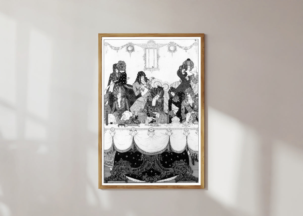 Framed art print of See Fierce Belinda on the Baron Flies by Harry Clarke, in a light wood frame on a sunlit white wall