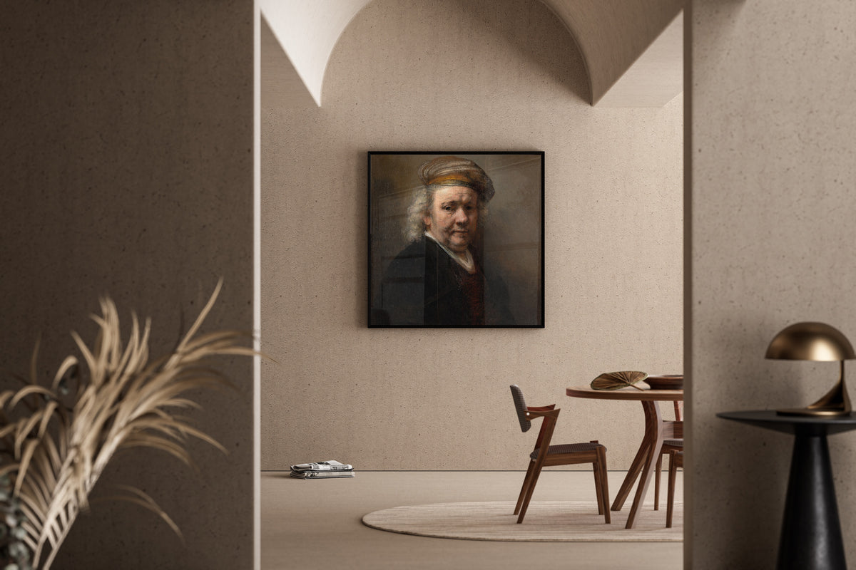 Framed art print of Self-Portrait (1669) by Rembrandt van Rijn, in a sunlit dining corner