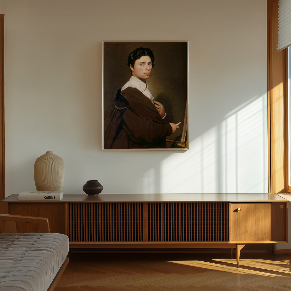 Framed art print of Self-Portrait Aged 24 by Jean-Auguste-Dominique Ingres, in a thin light frame on a sunlit wall above a wooden sideboard